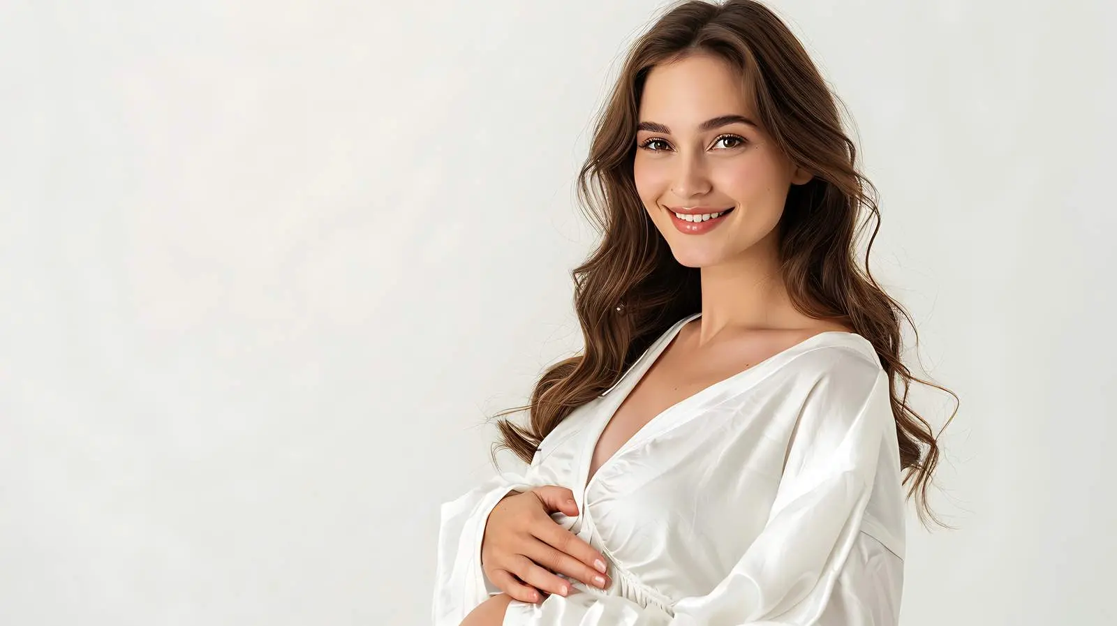 Happy Pregnant Woman in Elegant White Robe — free download from Dotvec