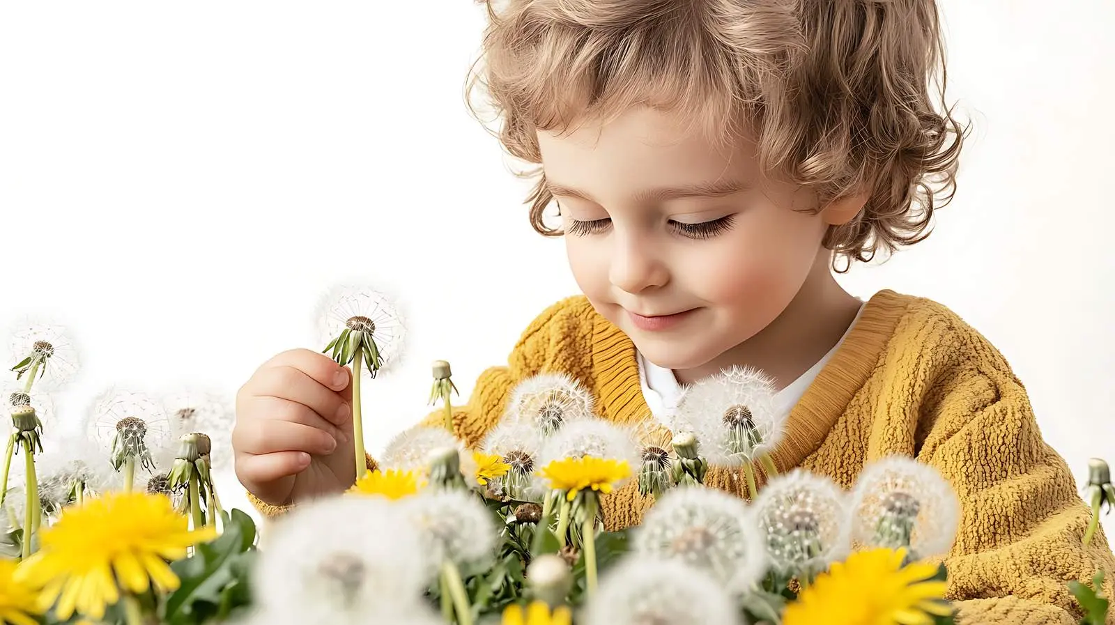Charming Boy Picking Flowers in Dandelion Field — free download from Dotvec