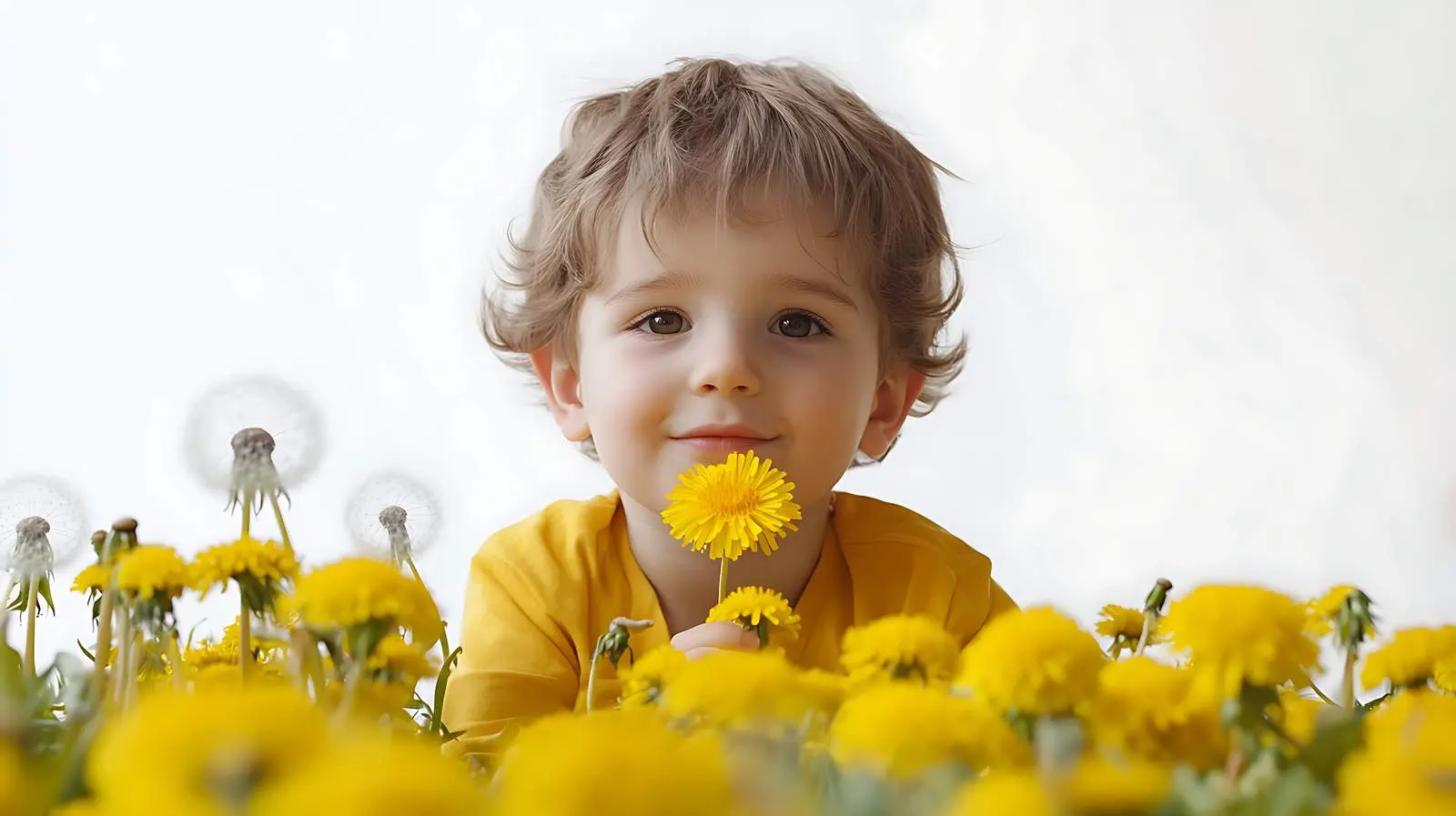 Little Boy Choosing a Flower in Dandelions — free download from Dotvec