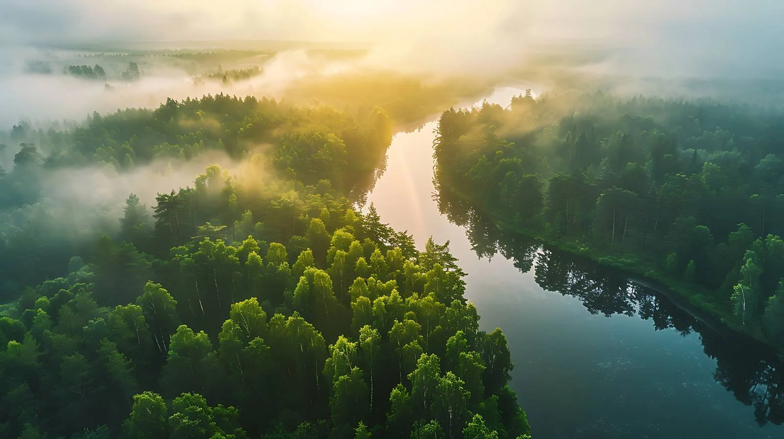 Serenity in Morning Forest and River Aerial View — free download from Dotvec