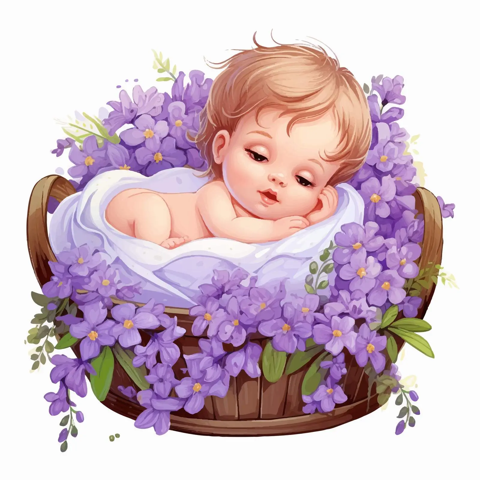 Newborn in Basket Surrounded by Violet Flowers — free download from Dotvec