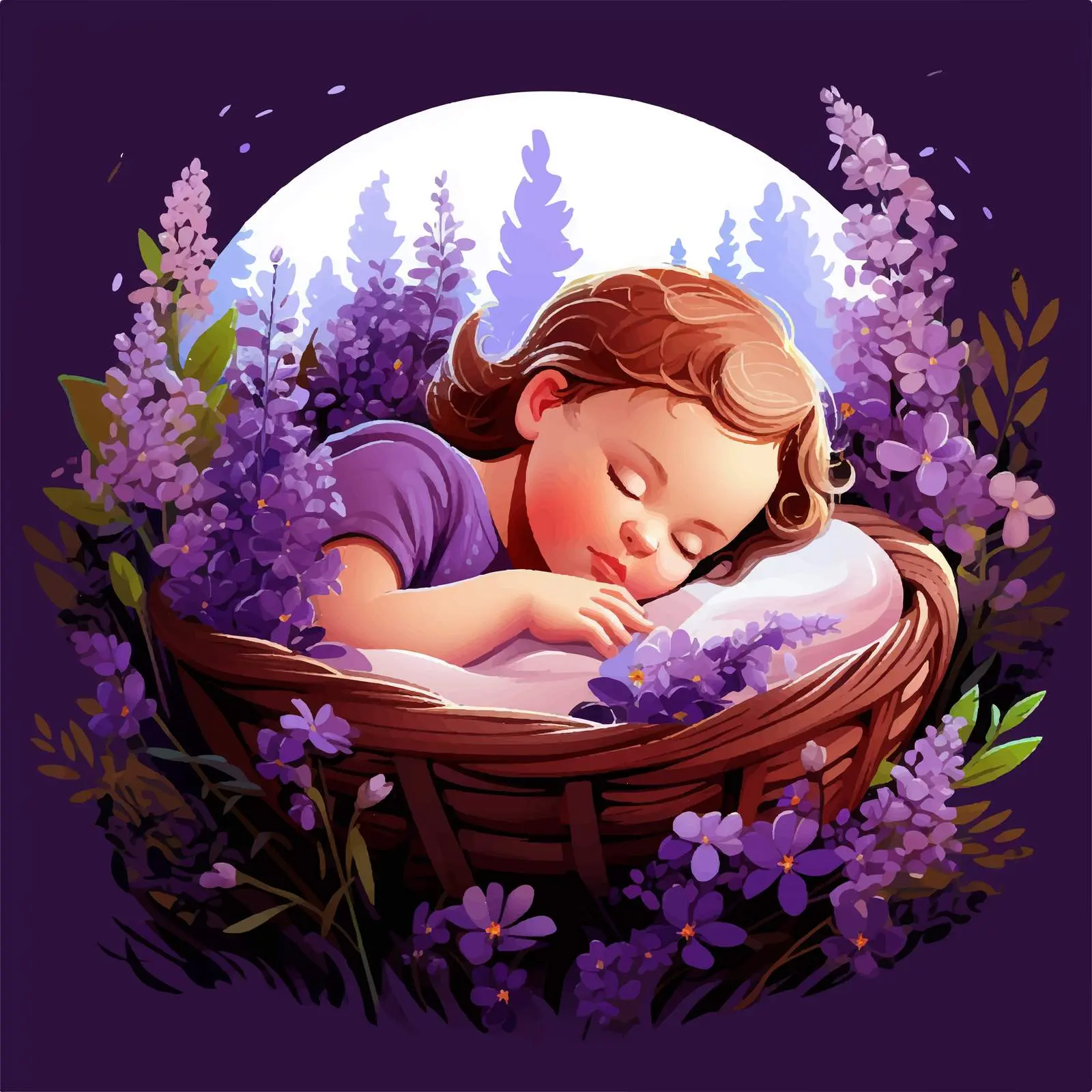 Newborn in Wooden Basket Among Violet Flowers – free lullaby image from Dotvec