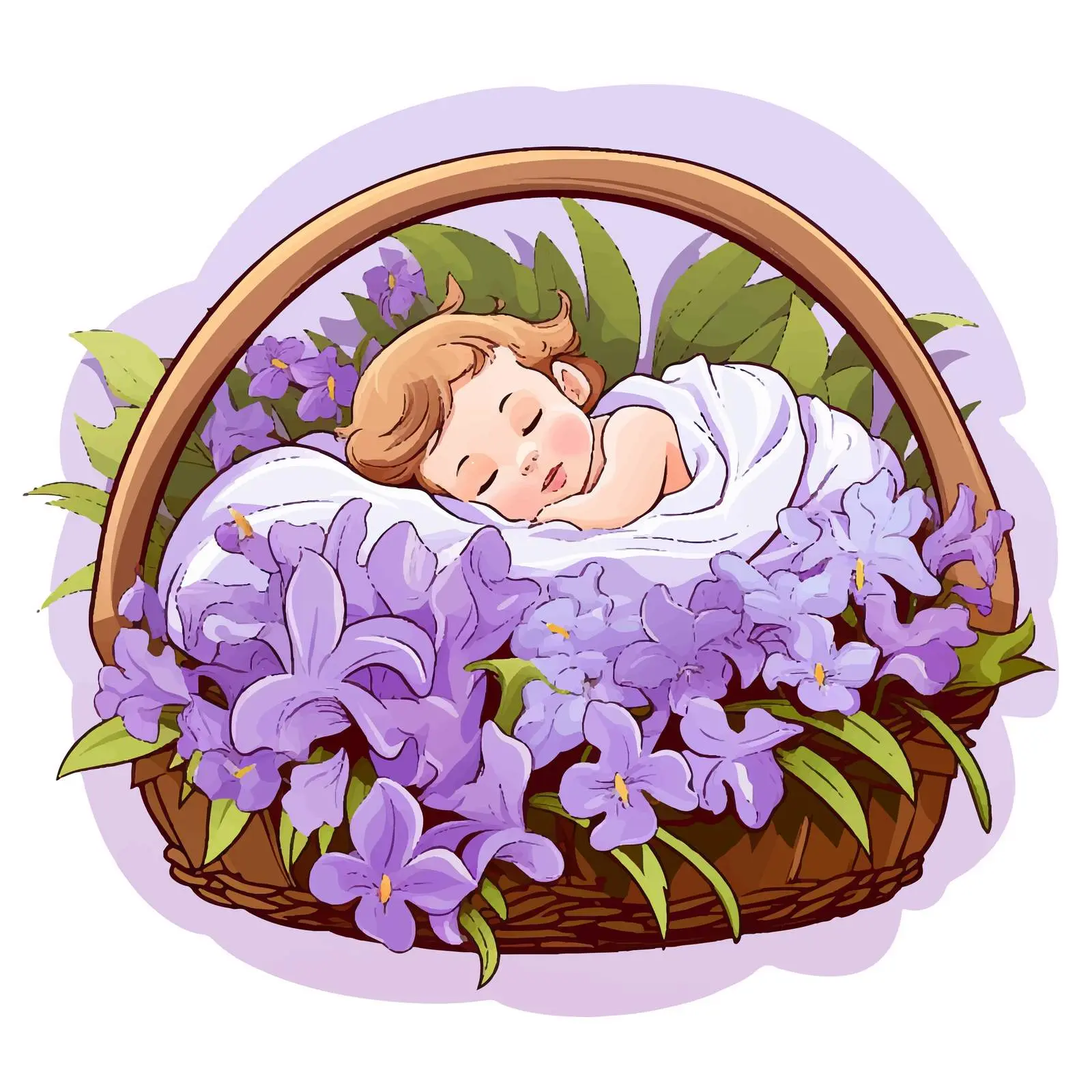 Newborn in Basket Surrounded by Violet Flowers — free download from Dotvec