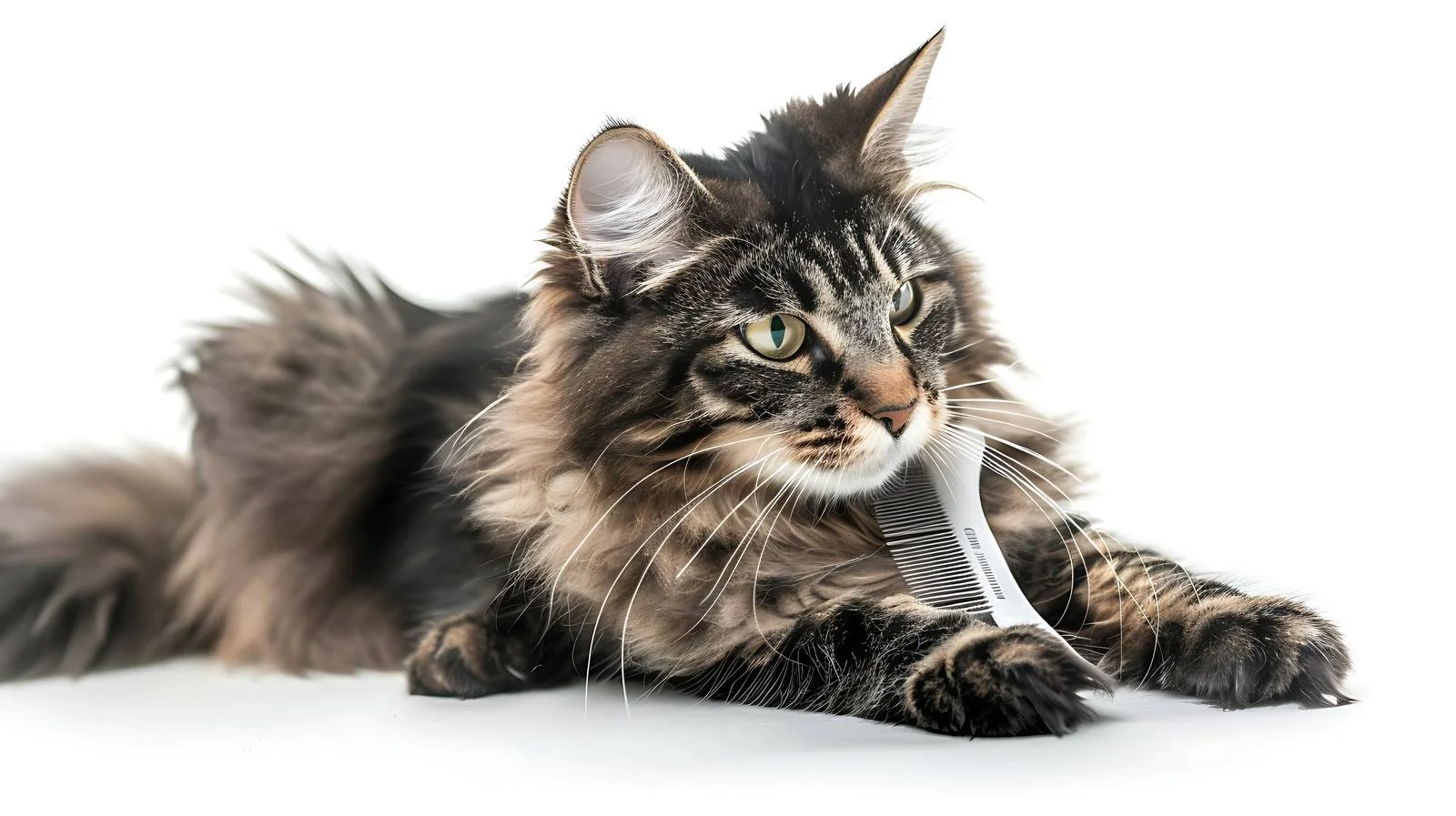 Playful Nibelung Cat Enjoying Comb on White — free download from Dotvec