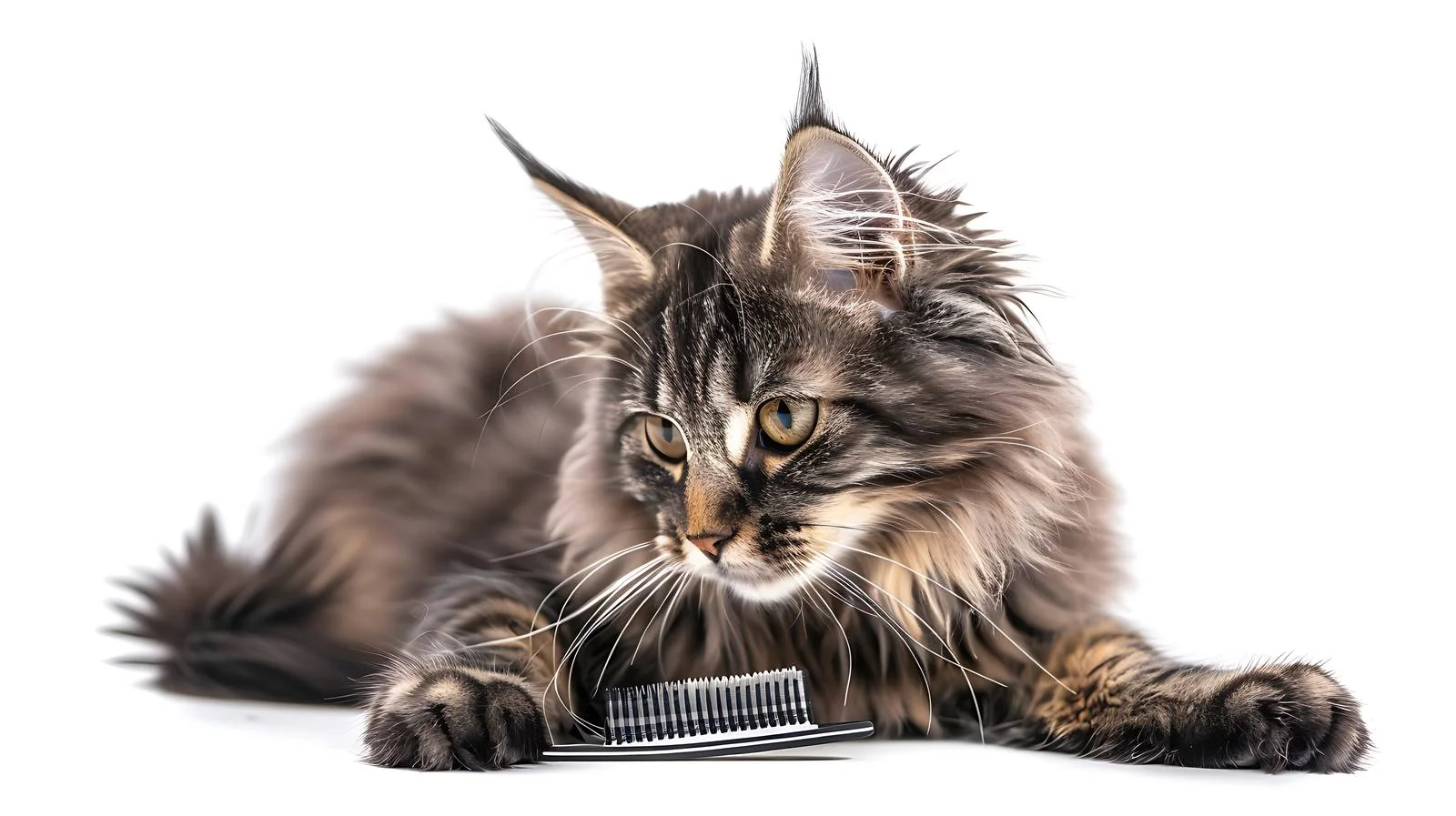 Playful Nibelung Cat with Comb on White — free download from Dotvec