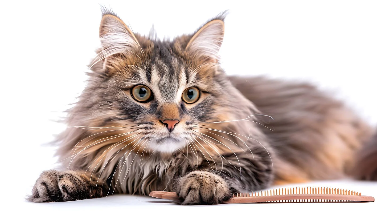 Playful Nibelung Cat with Comb on White — free download from Dotvec