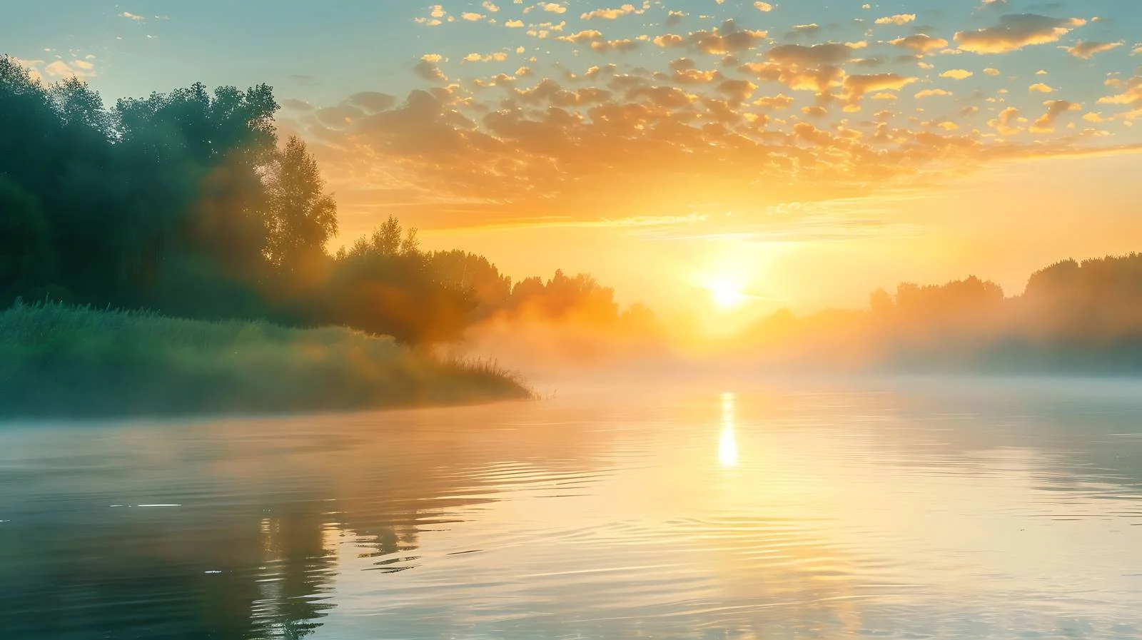 Serene Dawn on Riverbank Amidst Summer — free download from Dotvec