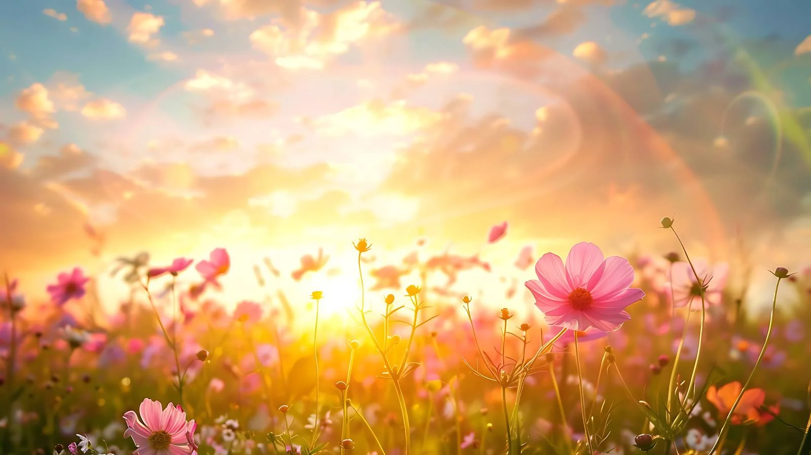 Serene Sunrise Above Flower-Covered Field — free download from Dotvec