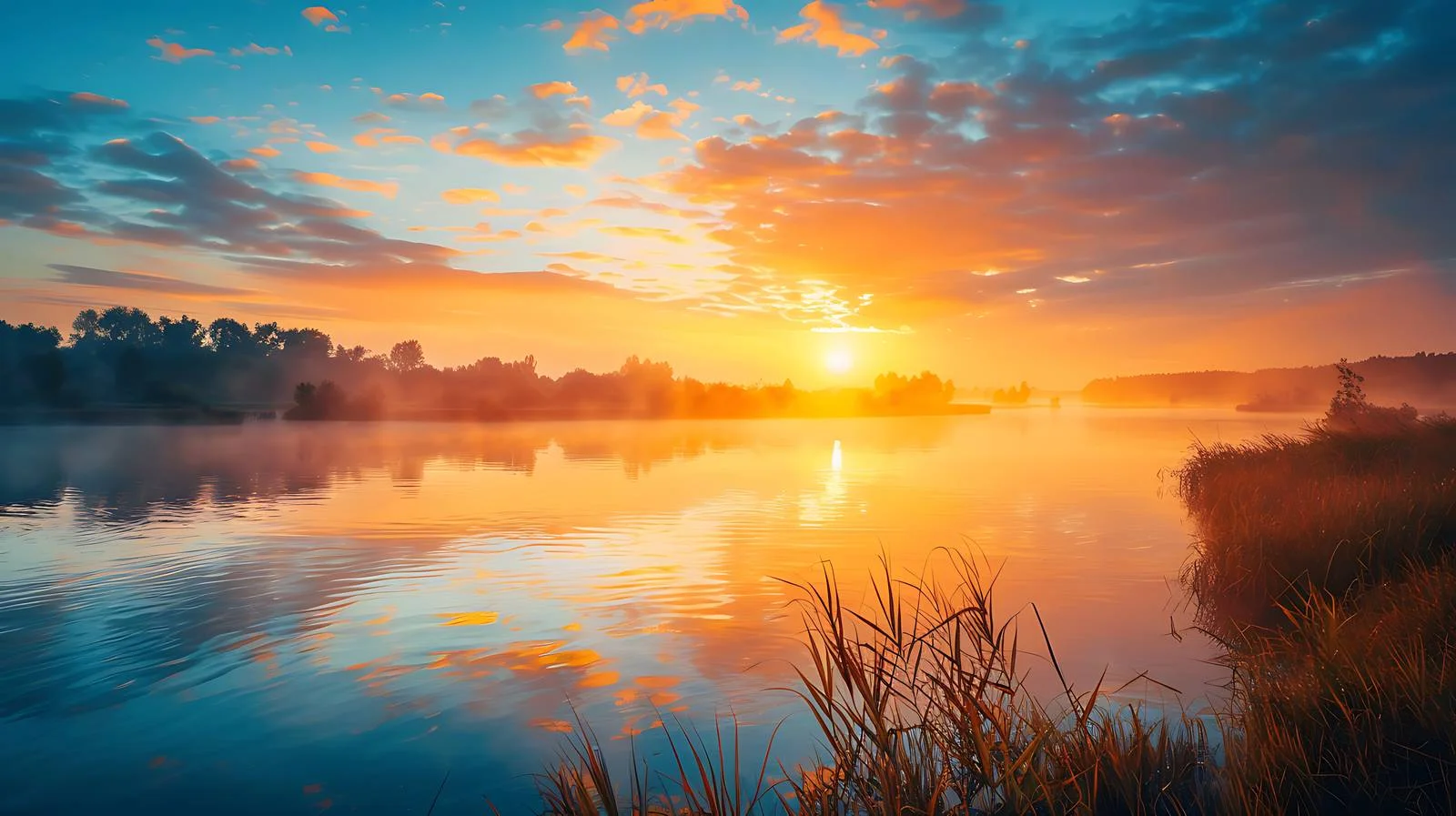 Serene Sunrise on Isolated Riverbank — free download from Dotvec