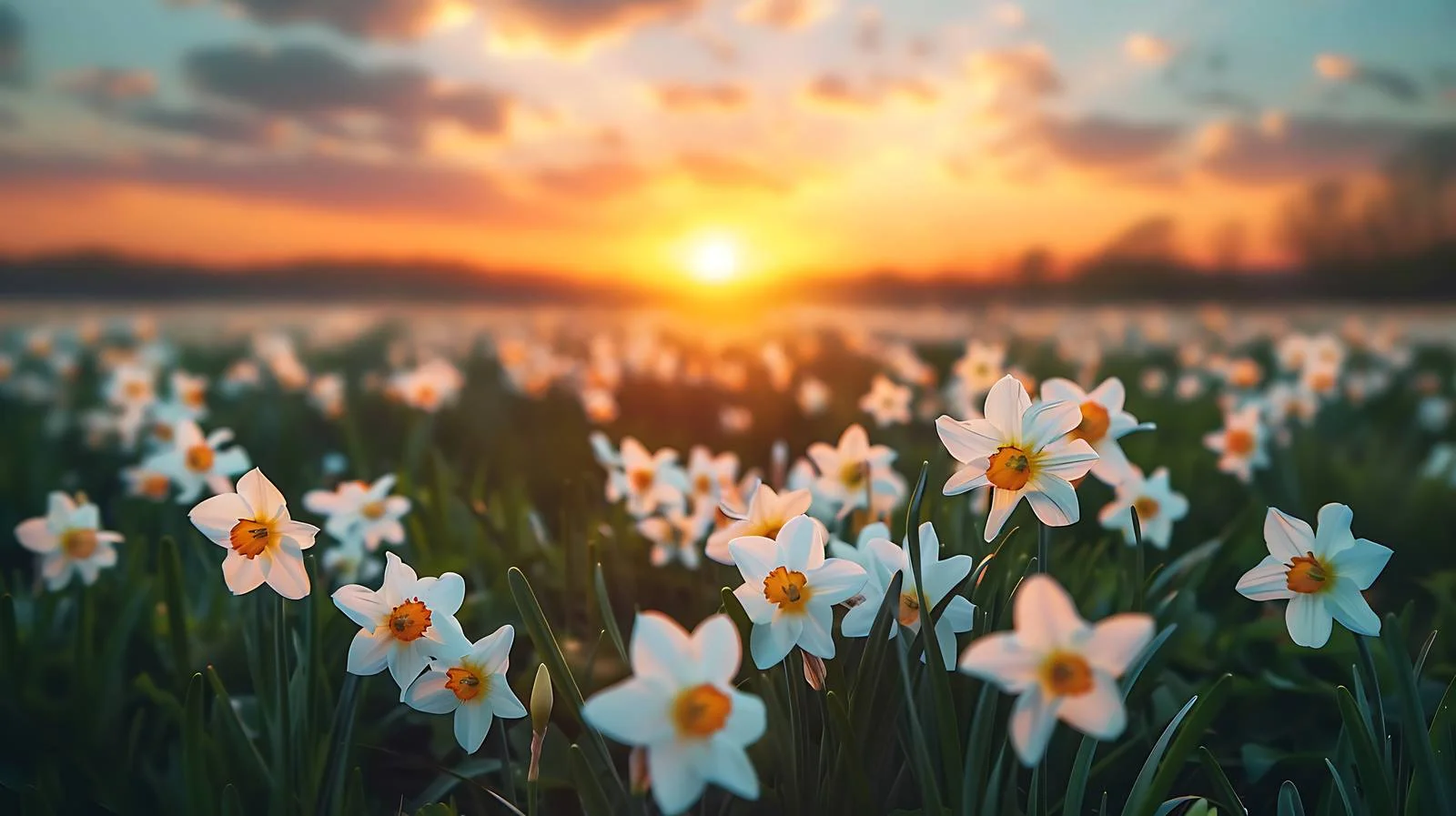 Vibrant Sunset Above Narcissus Flower Field free images image from Dotvec