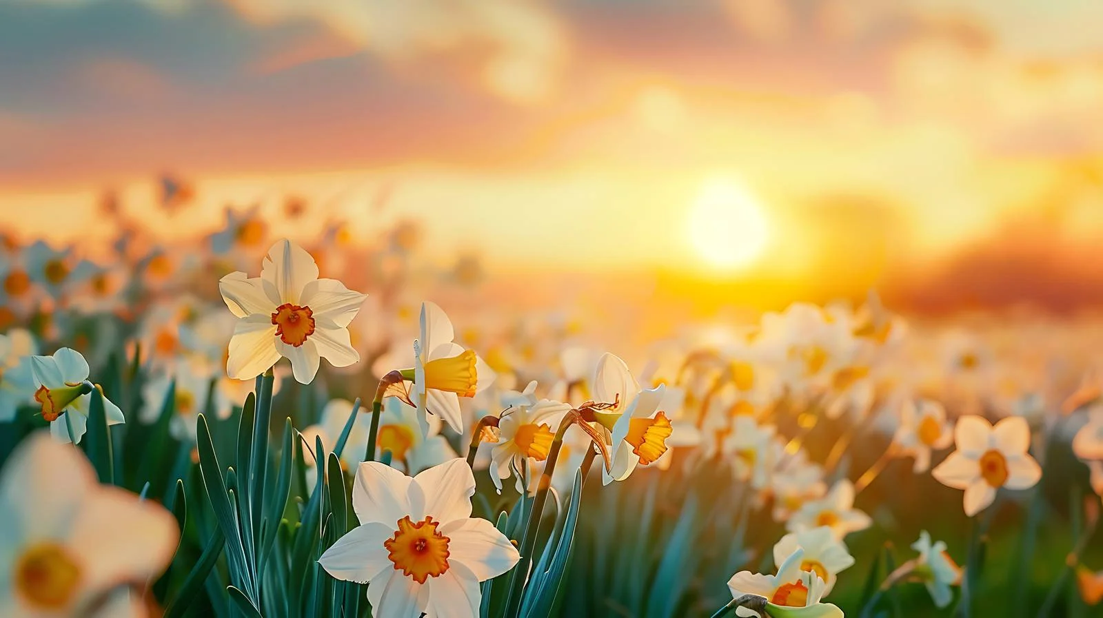 Tranquil sunset above narcissus field blooms — free download from Dotvec