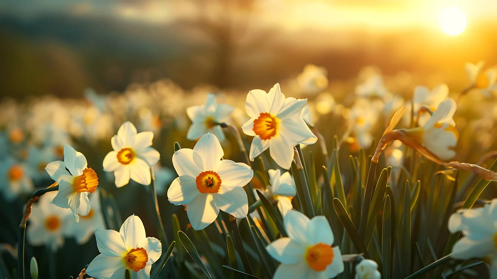 Vibrant sunset illuminating narcissus flower field — free download from Dotvec