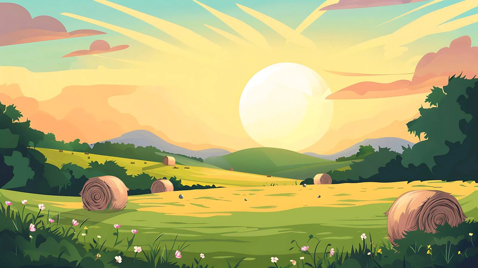 Vibrant sunset illuminates green meadow with hay bales — free download from Dotvec