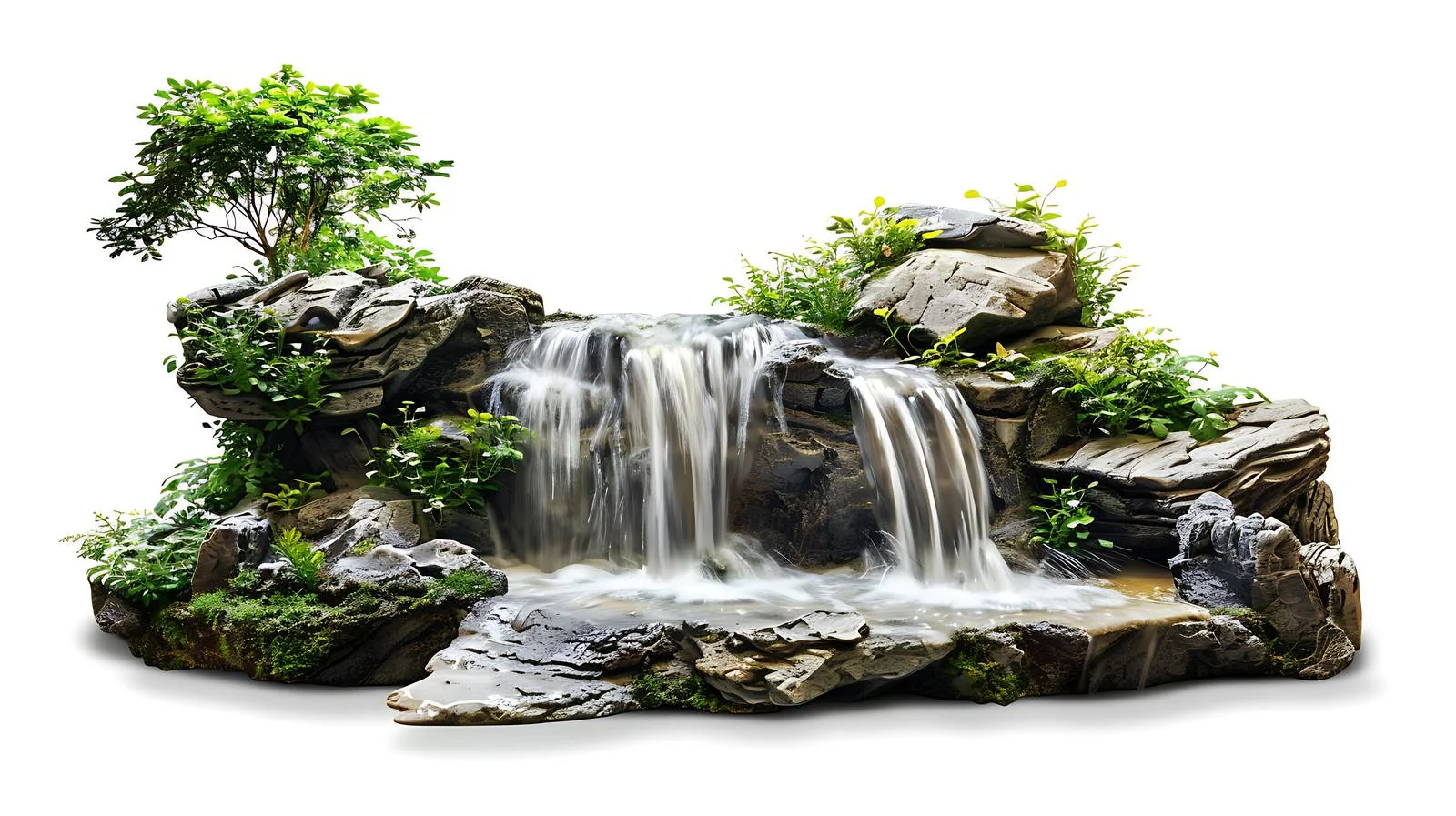 Serene waterfall in forest with white backdrop — free download from Dotvec