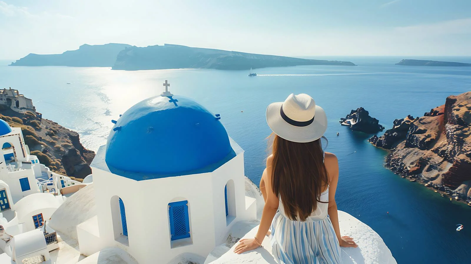 Serene Woman Admiring Santorini Ocean View — free download from Dotvec