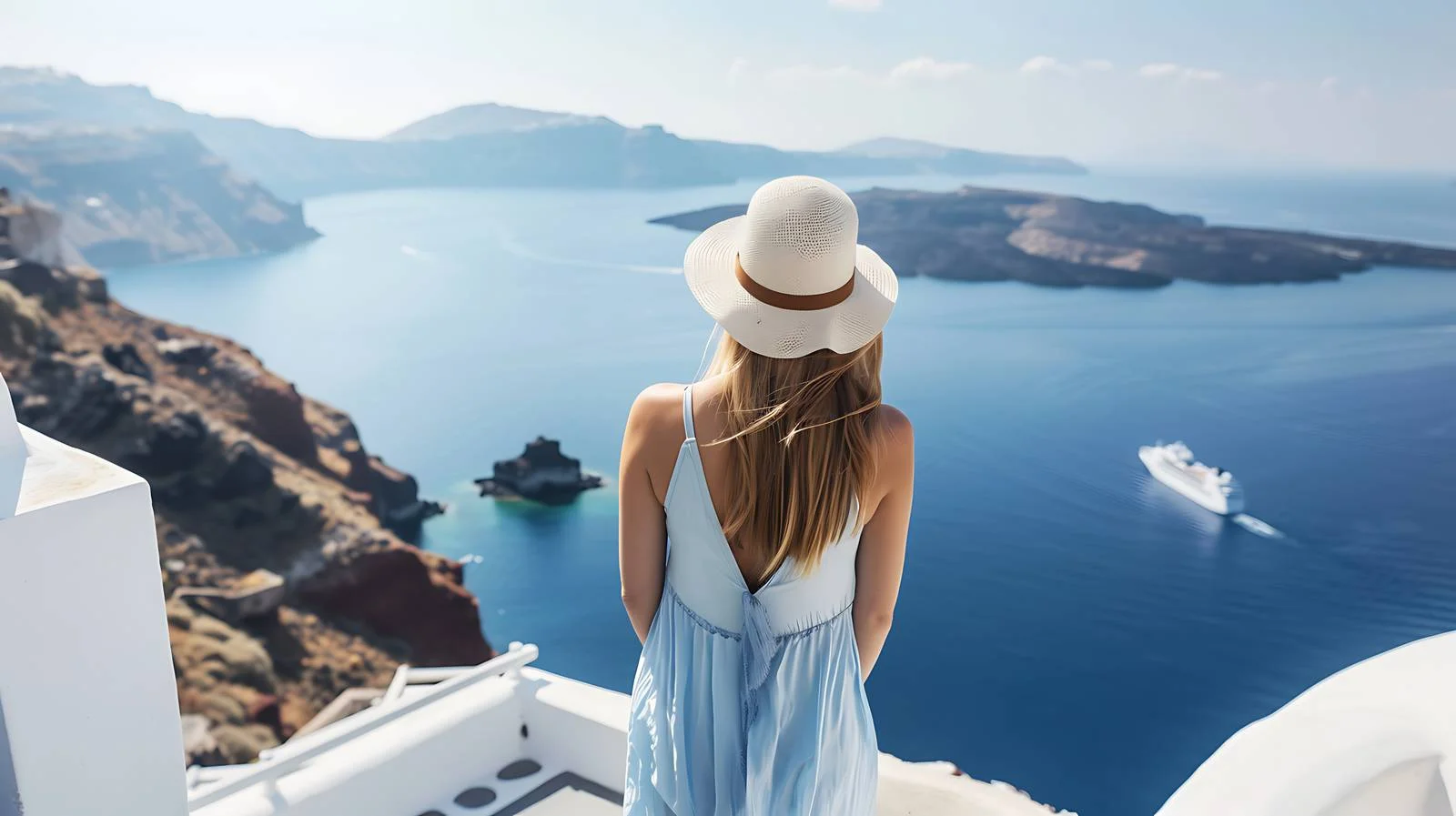 Serene Woman Admiring Santorini's Beauty — free download from Dotvec