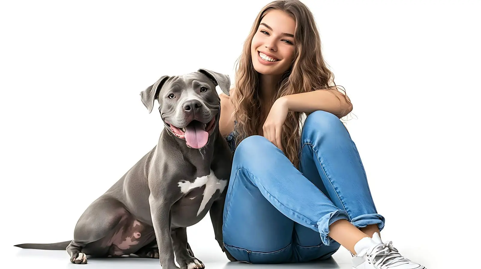 Woman in Jeans Sitting Beside Pitbull Dog – free pitbull image from Dotvec