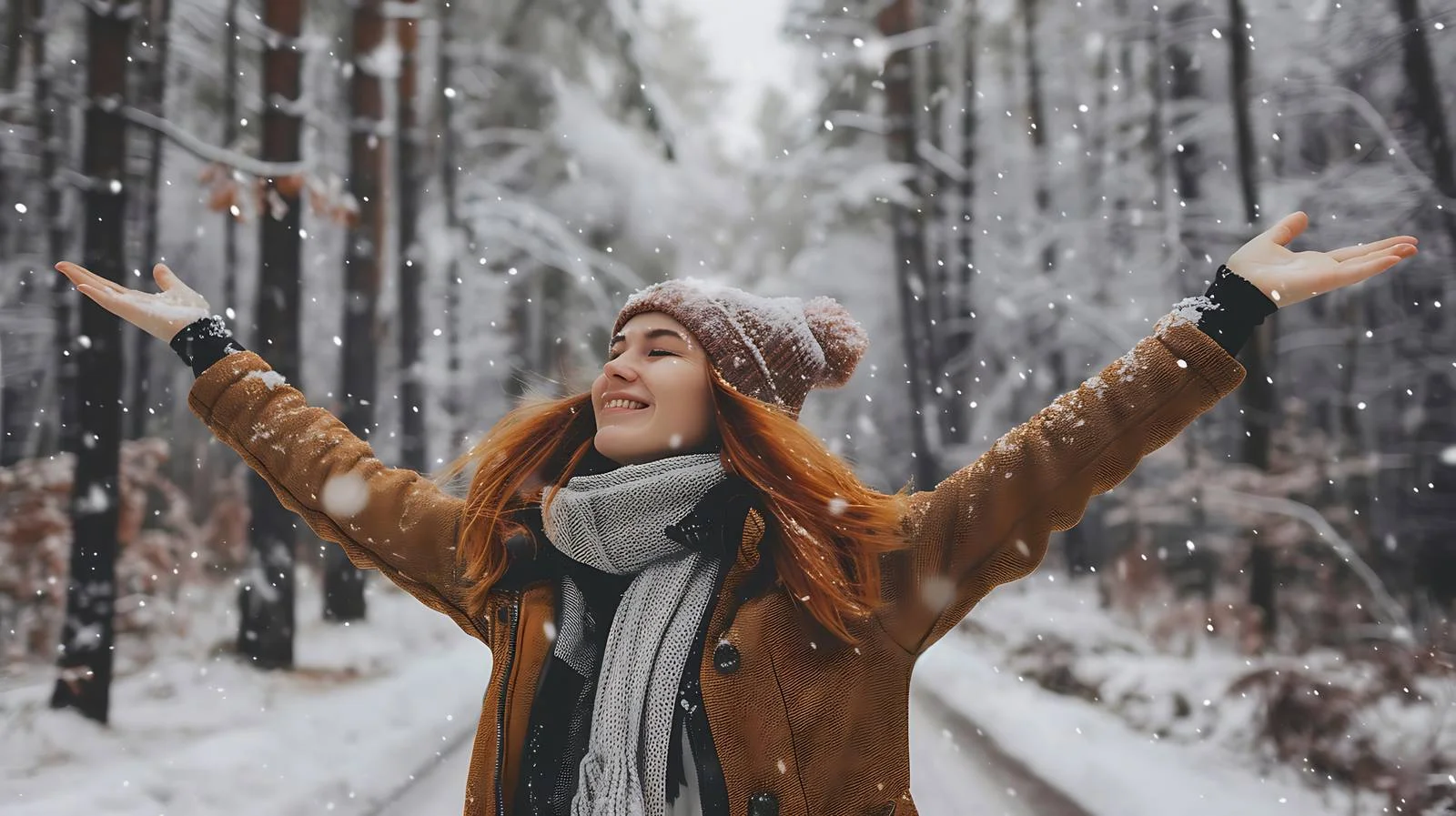 Joyful woman celebrates the initial winter snow — free download from Dotvec