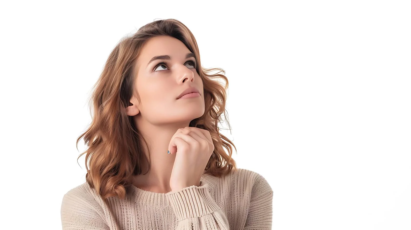 Contemplative young woman gazes upward thoughtfully — free download from Dotvec