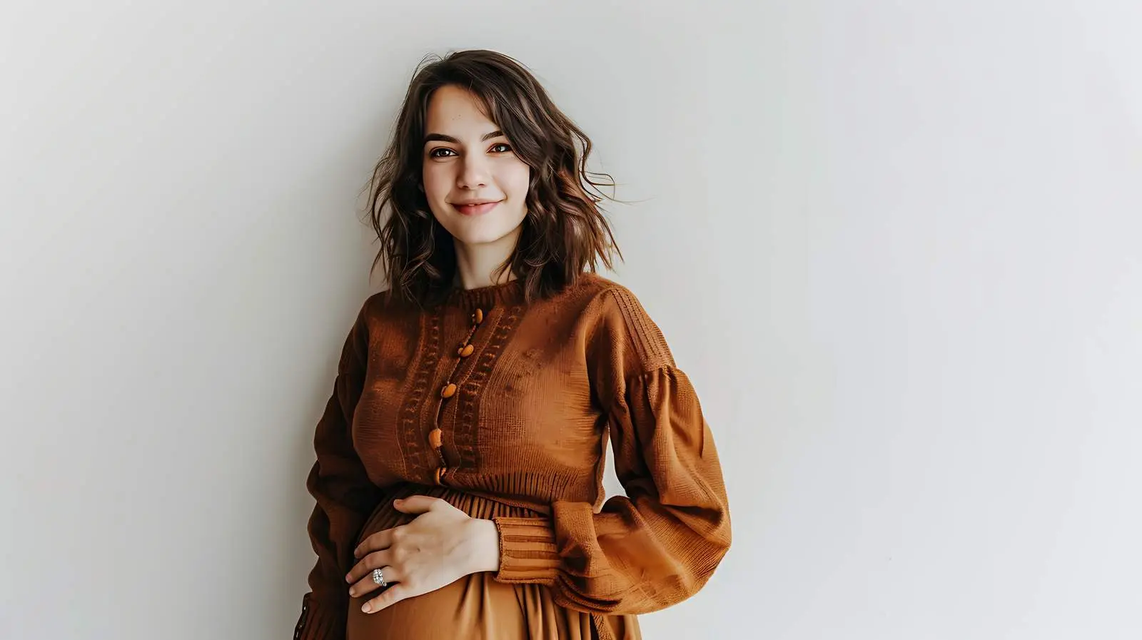 Pregnant Woman in Brown Dress Posing Gracefully – free lady image from Dotvec