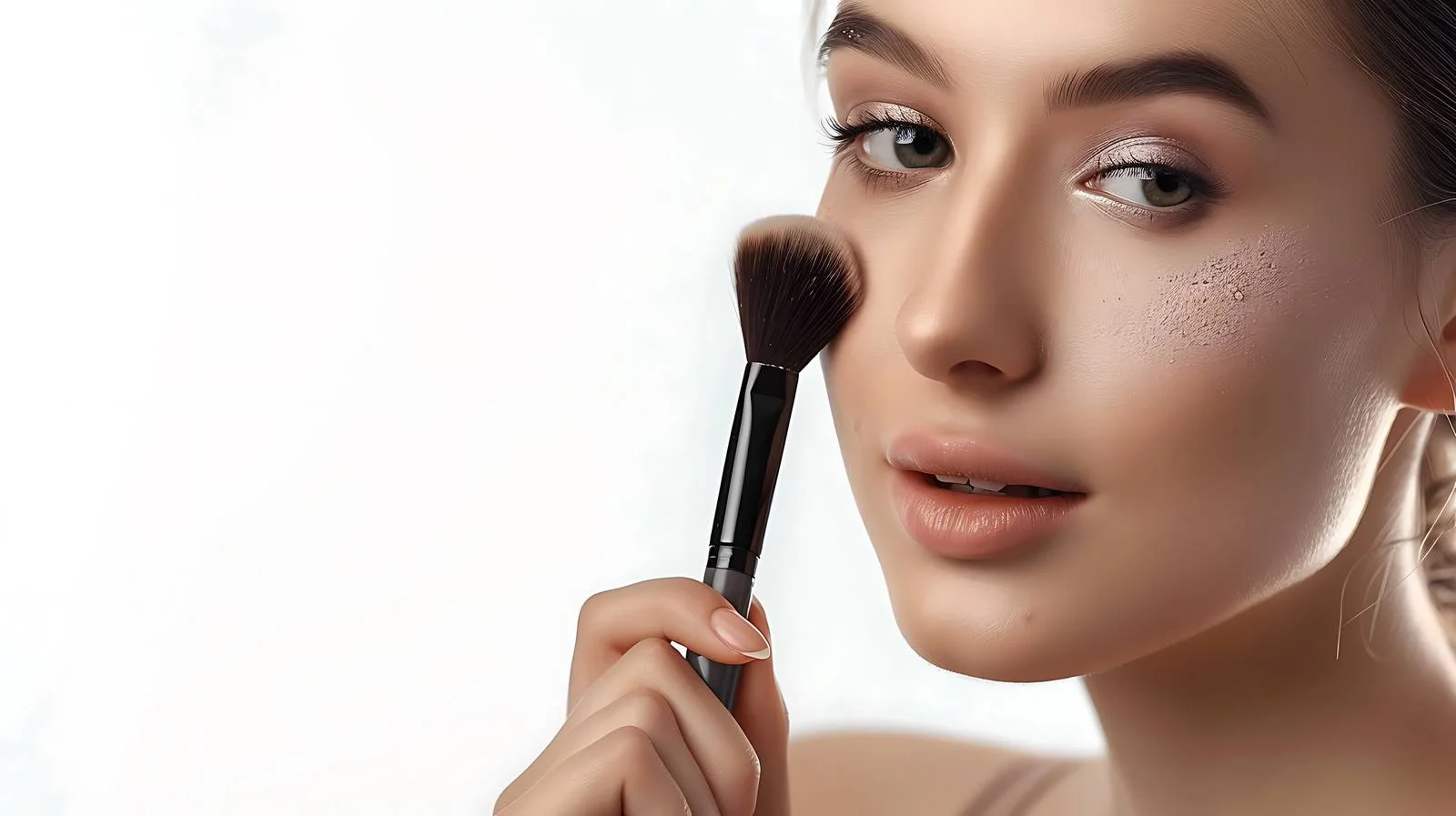 Glamorous Woman Applying Face Powder with Cosmetics — free download from Dotvec