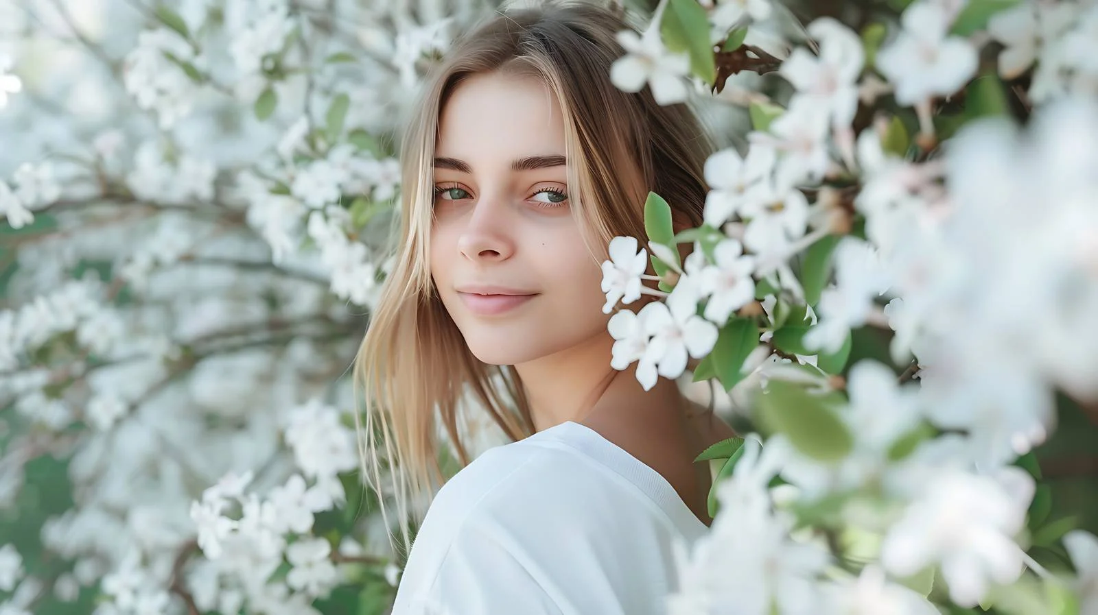 Elegant young lady in spring garden with jasmine blooms — free download from Dotvec