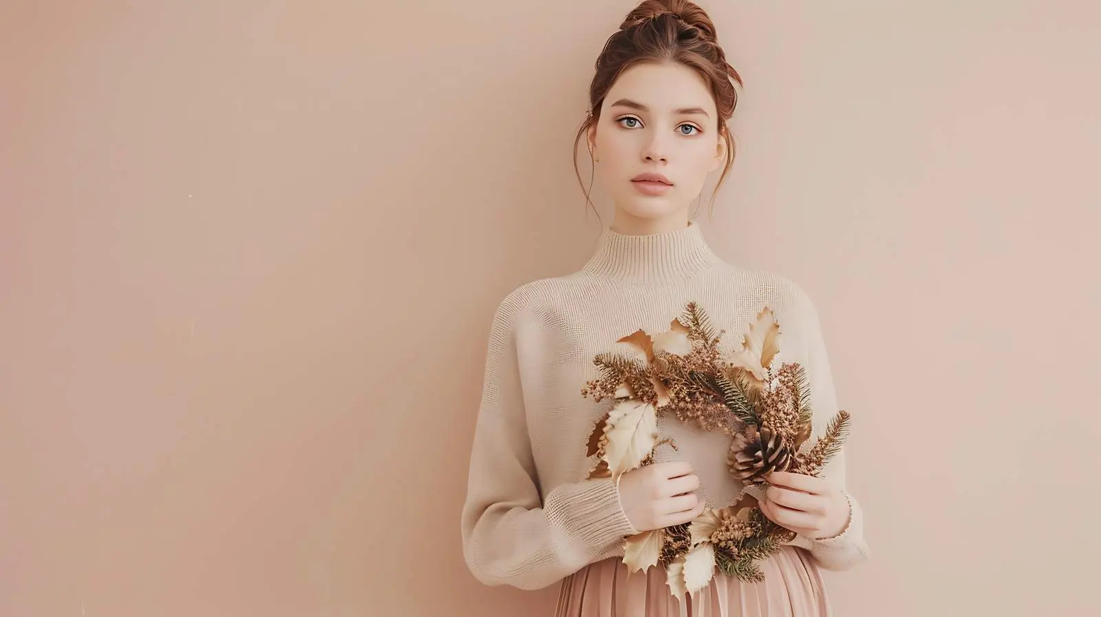 Young Woman in Beige Sweater and Silk Skirt – free feminine look image from Dotvec