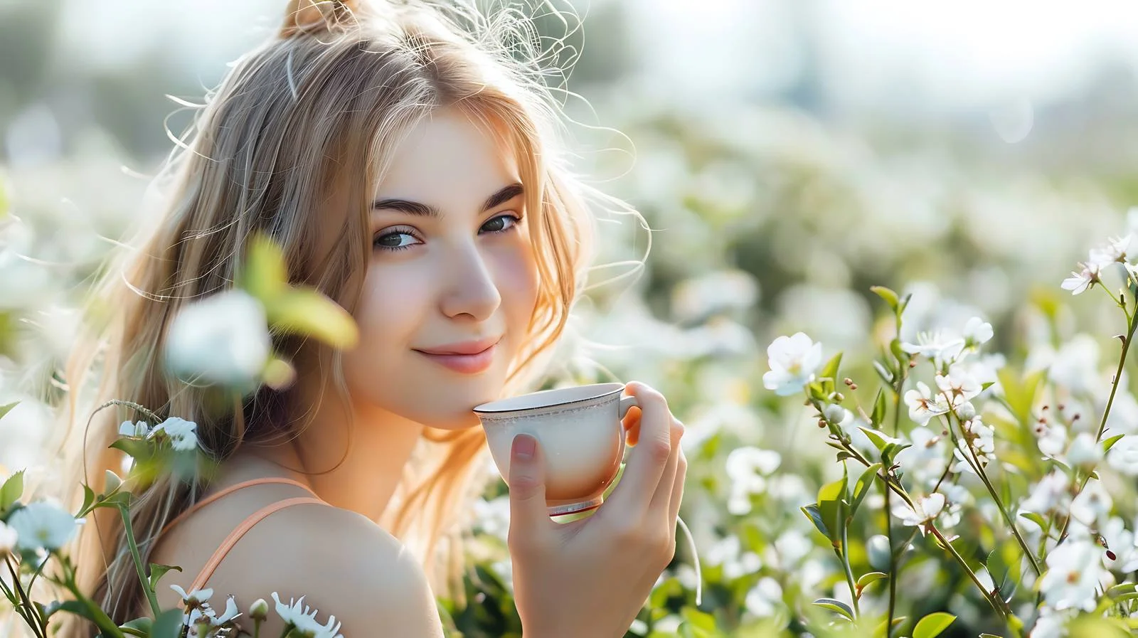 Graceful Young Woman Among Blooming Ivory — free download from Dotvec