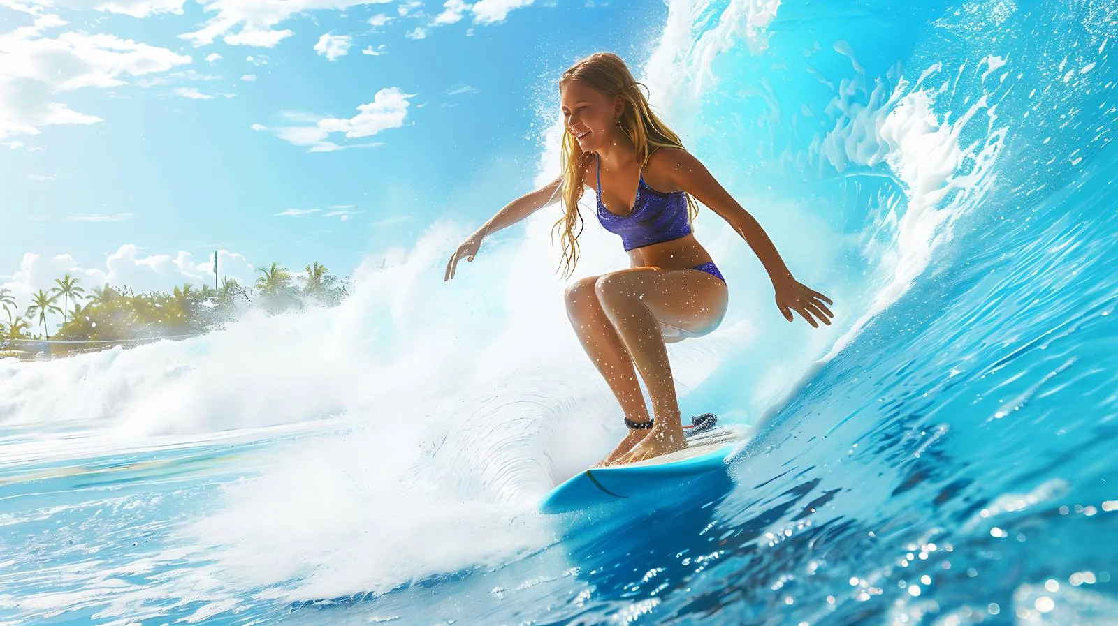 Elegant young lady surfing dynamic wave — free download from Dotvec