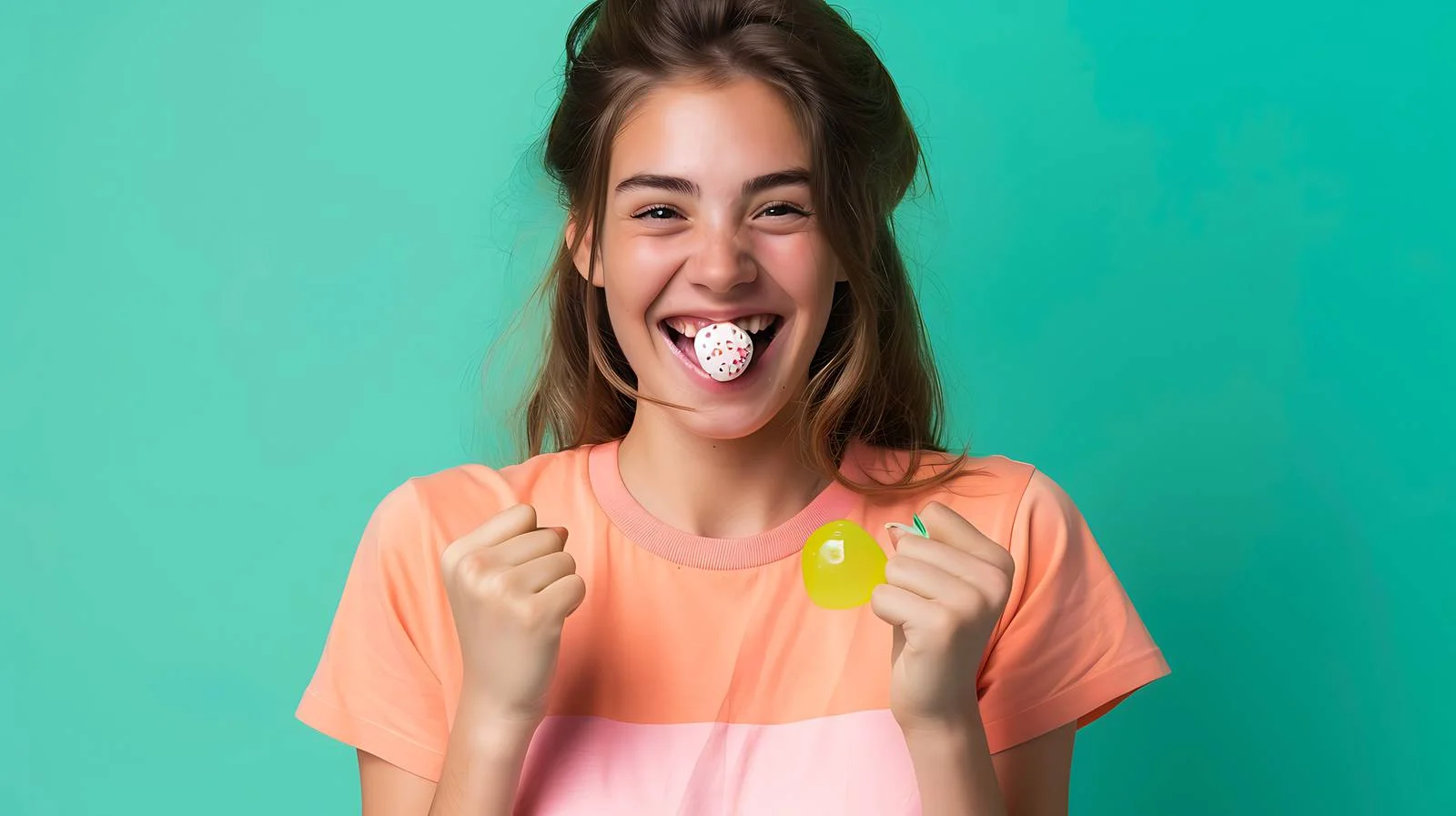 Confident Woman Showing Victory with Chewing Gum — free download from Dotvec