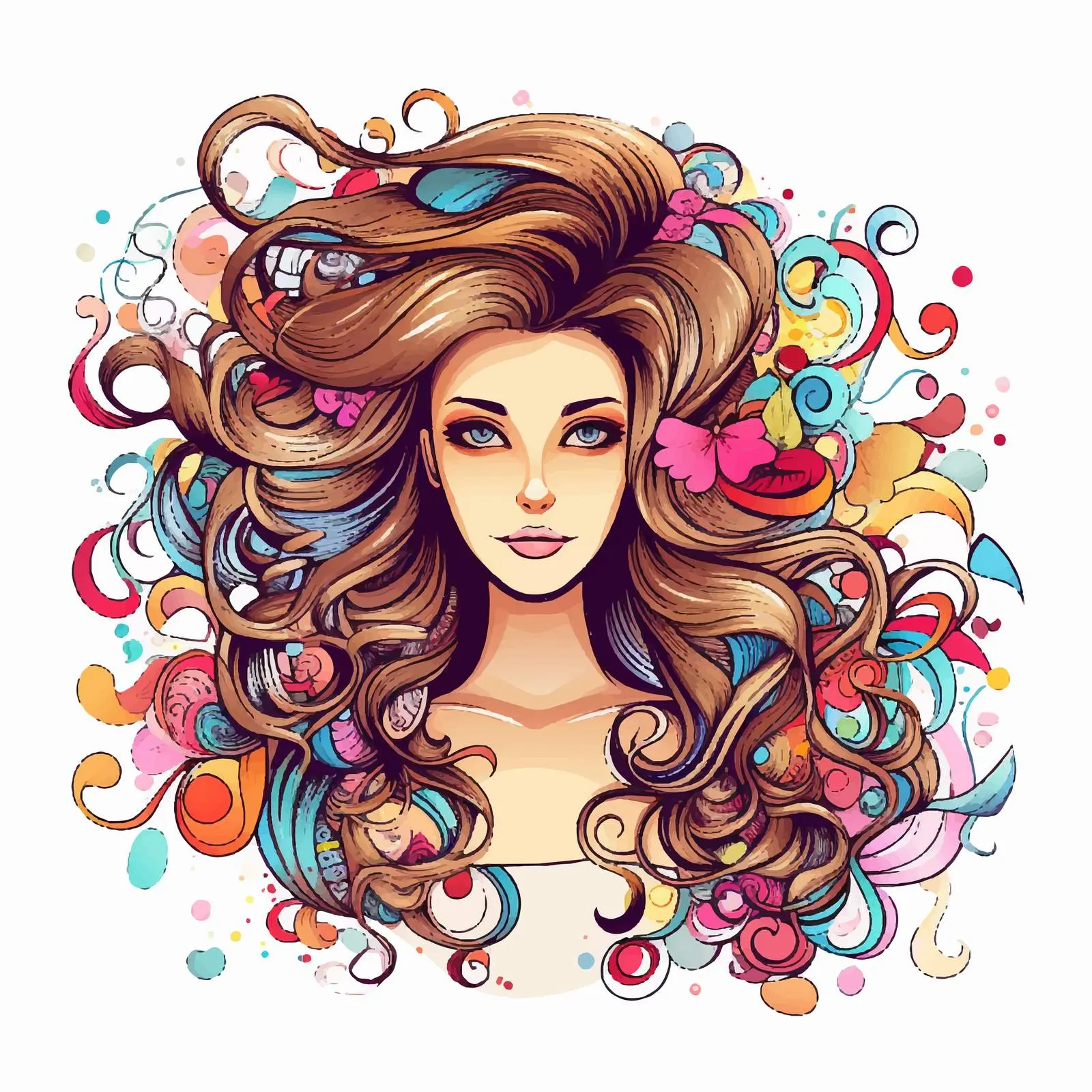 Beautiful Girl Hair Stylist with Long Curls – free creative lettering image from Dotvec