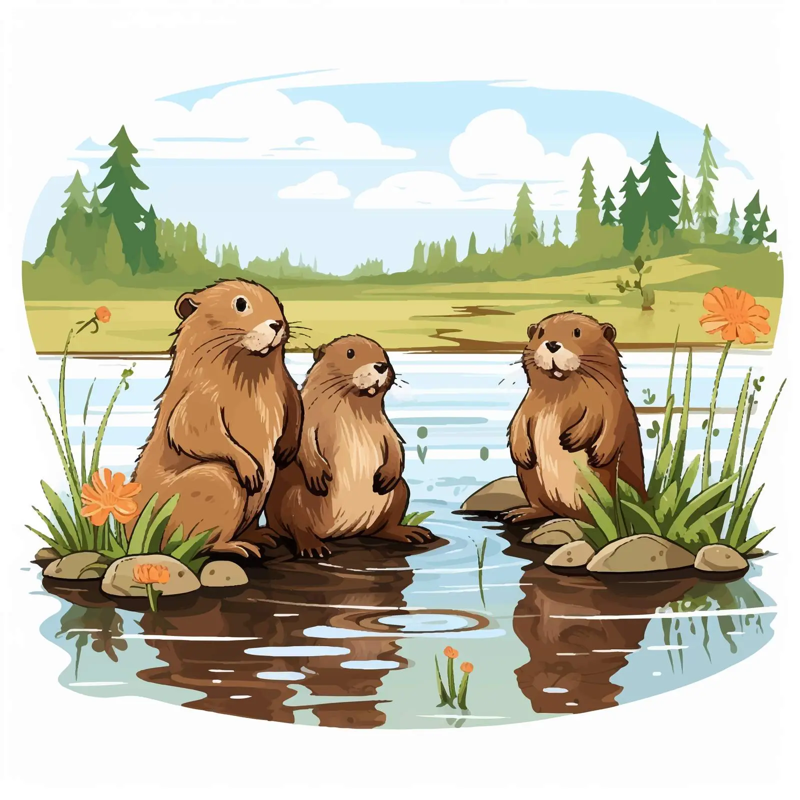Beavers Near Pond Cartoon Illustration — free download from Dotvec