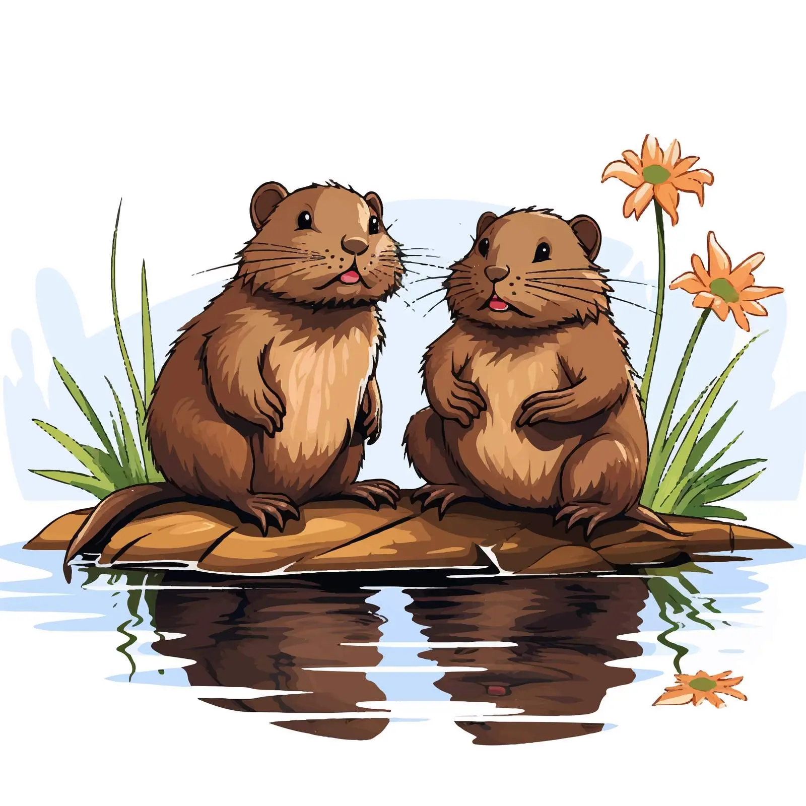 Beavers by the Pond Cartoon Vector Illustration — free download from Dotvec