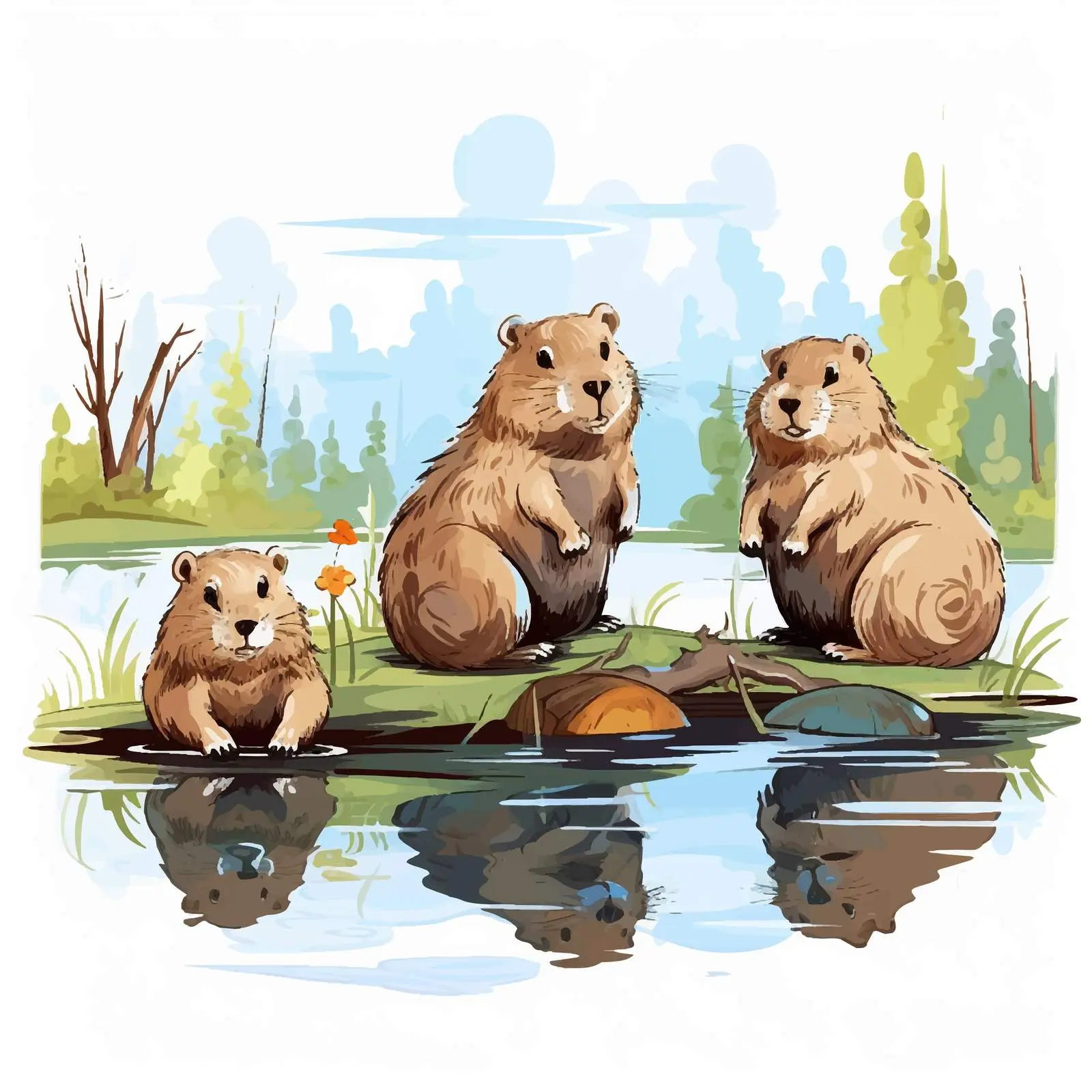 Beavers by the Pond Vector Illustration — free download from Dotvec