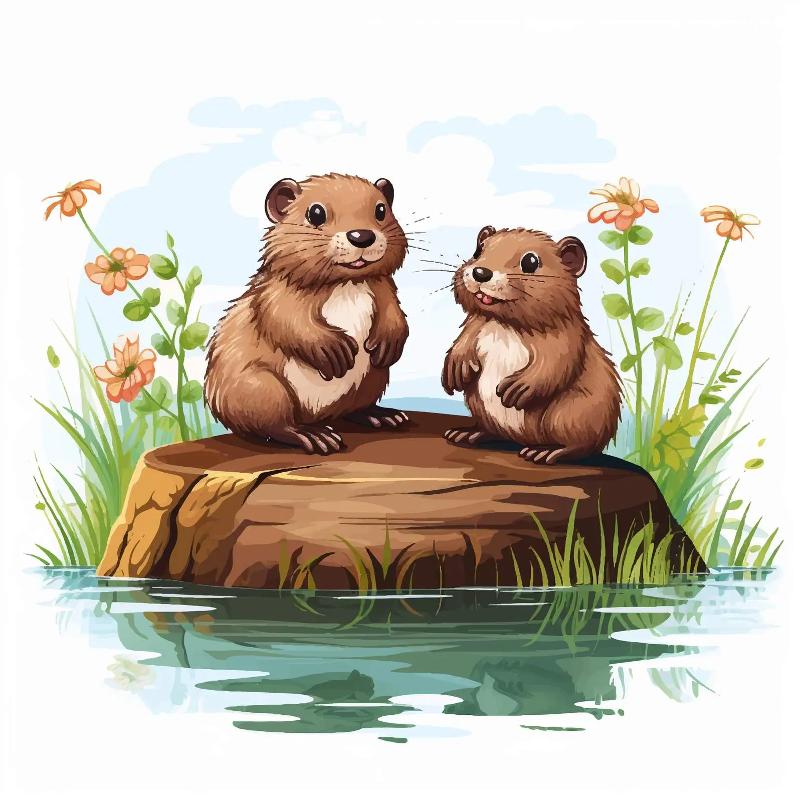 Beavers by the Pond Cartoon Illustration — free download from Dotvec