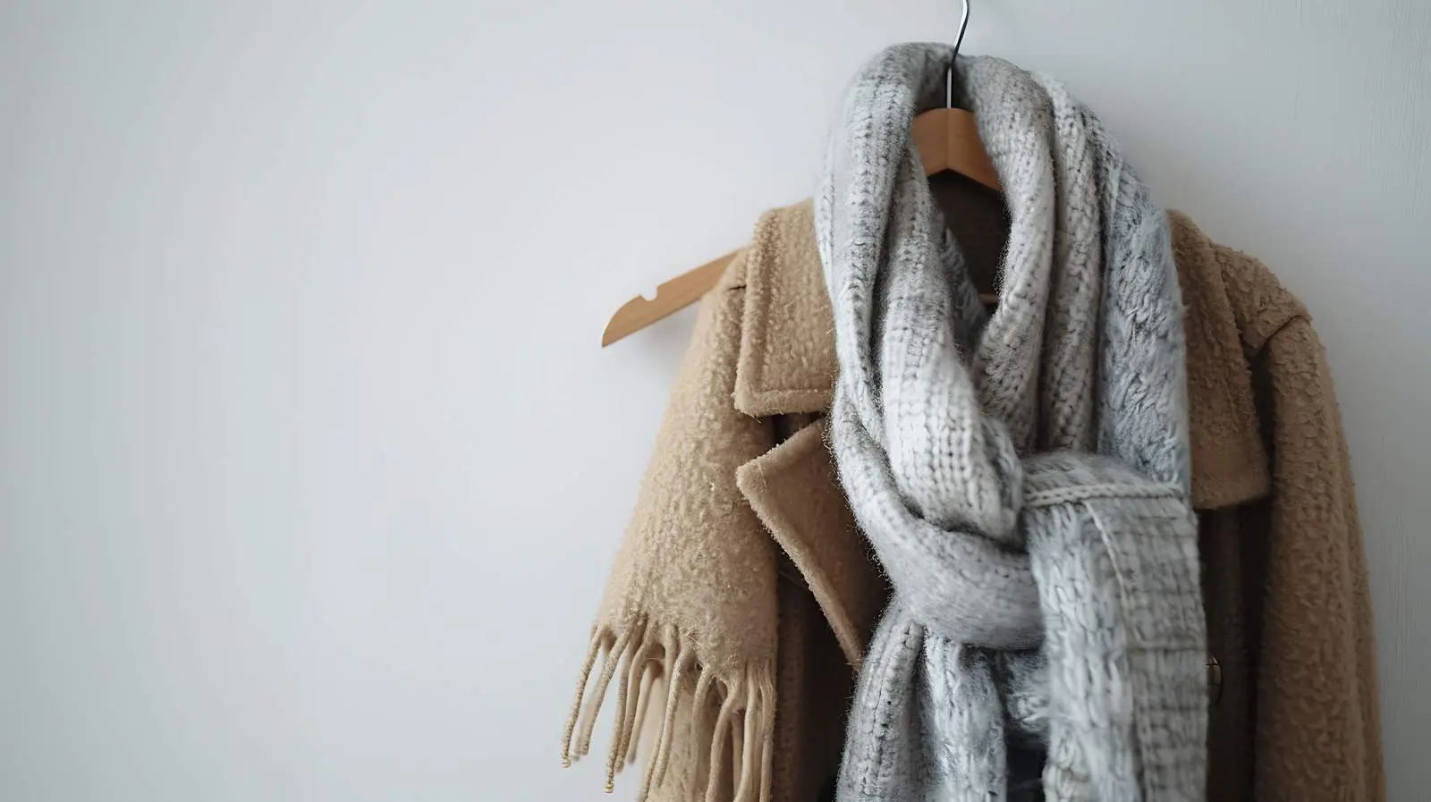 Beige Woolen Coat with Grey Scarf on Hanger — free download from Dotvec