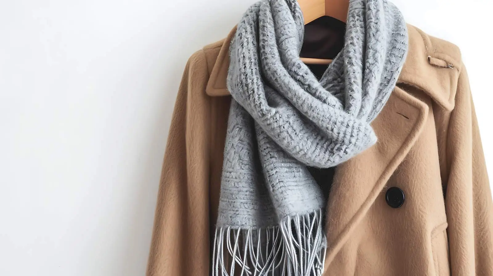 Beige Woolen Coat with Grey Scarf on Hanger — free download from Dotvec