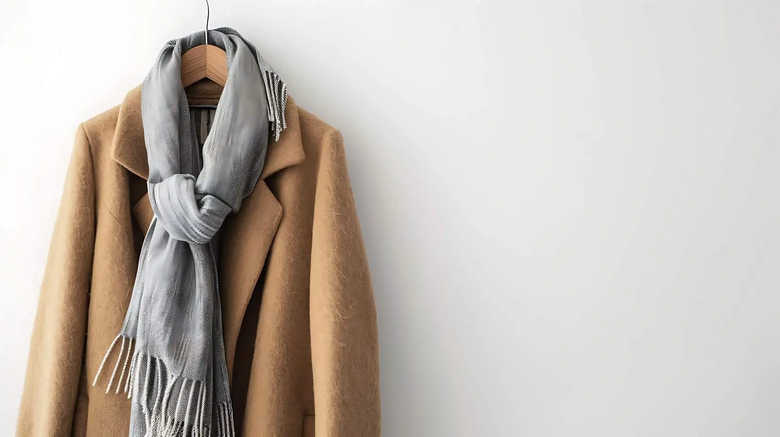 Beige Woolen Coat with Grey Scarf on Hanger — free download from Dotvec