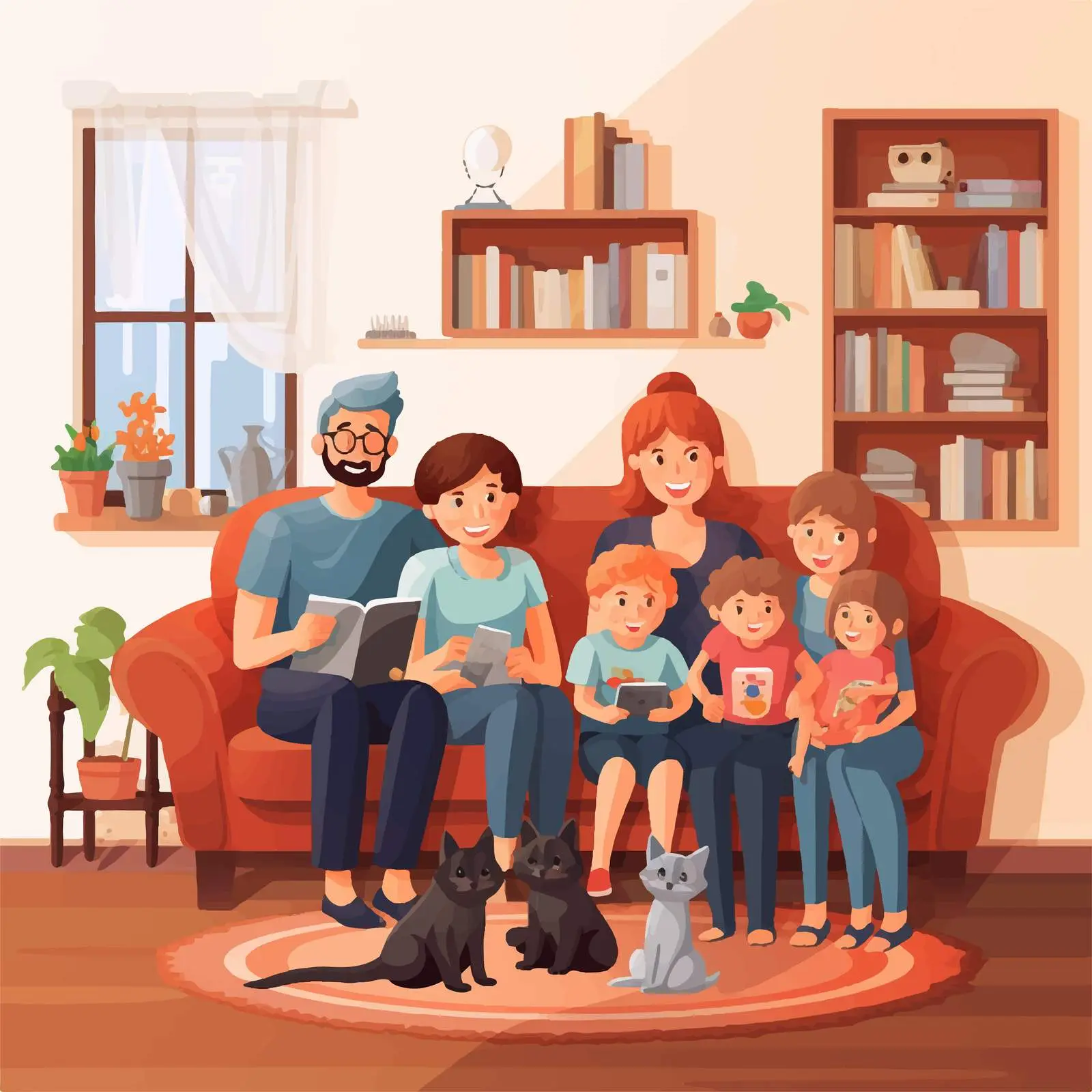 Family Cozy Living Room with Pet Illustration — free download from Dotvec