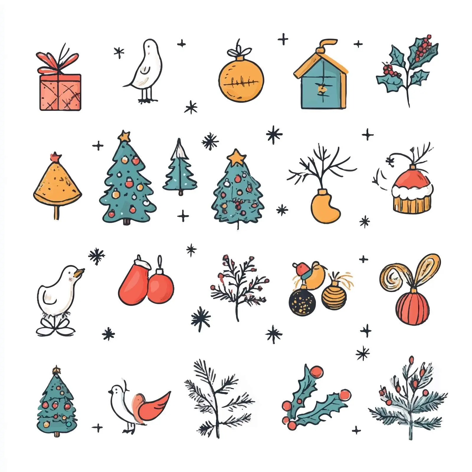 Cute Hand-Drawn New Year and Christmas Icons – free card designs image from Dotvec