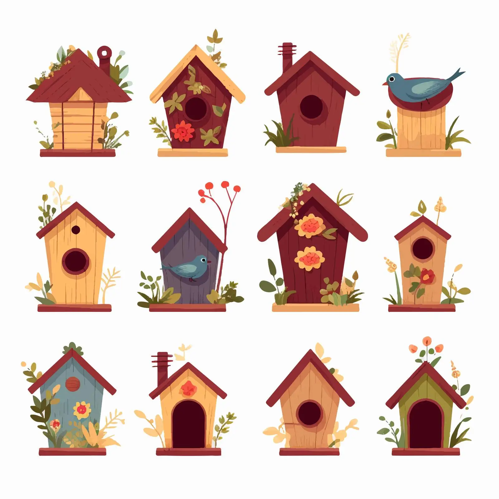 Cute Bird Houses with Spring Birds and Perch — free download from Dotvec