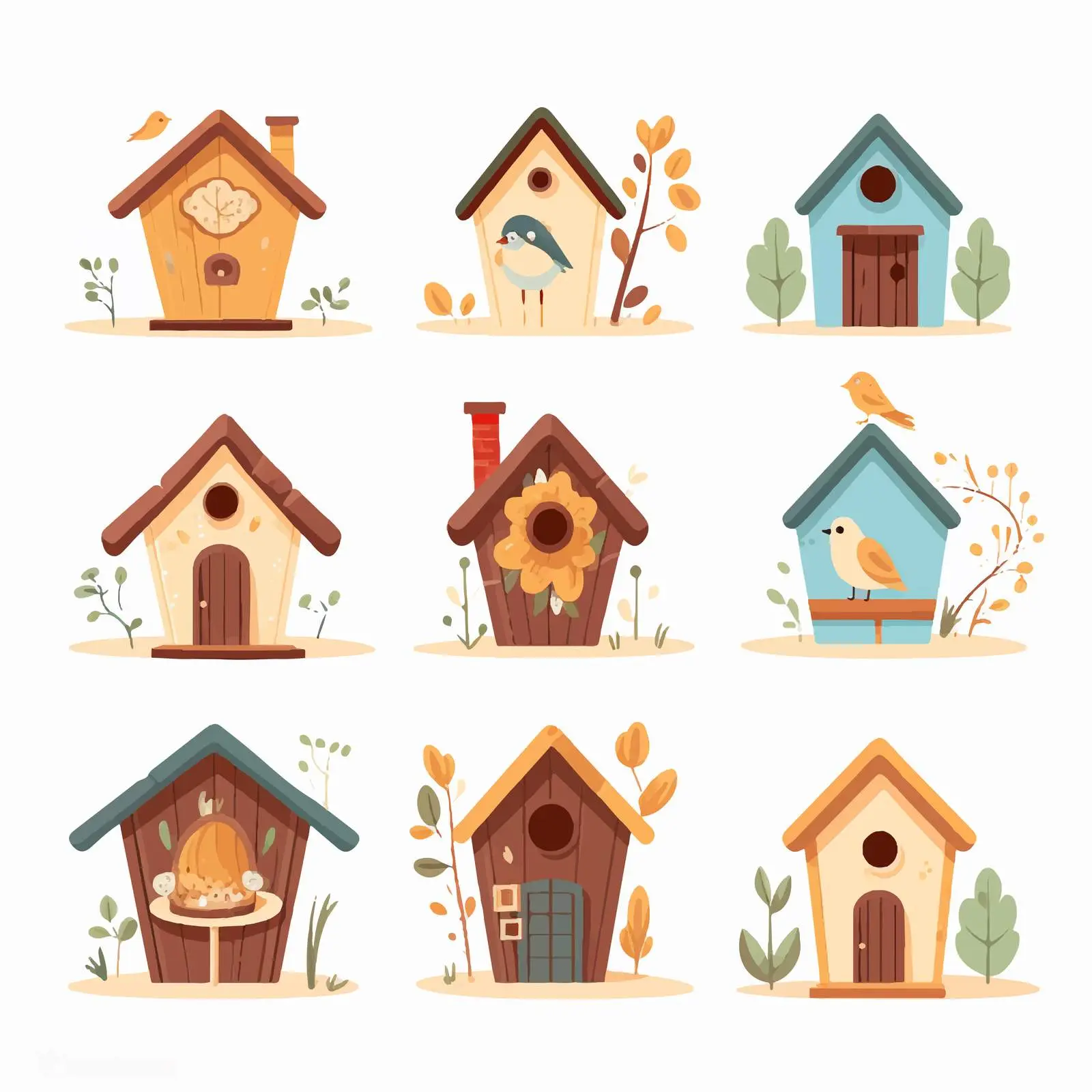 Cute Spring Birdhouses with Perched Birds — free download from Dotvec