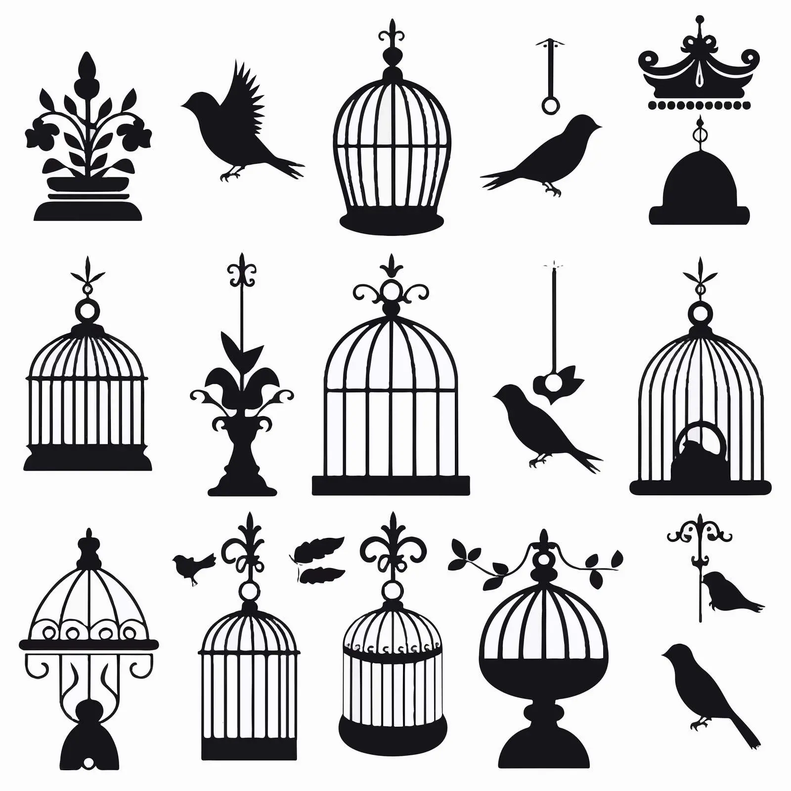 Decorative Birds and Cages Vector Silhouettes – free vector shapes image from Dotvec