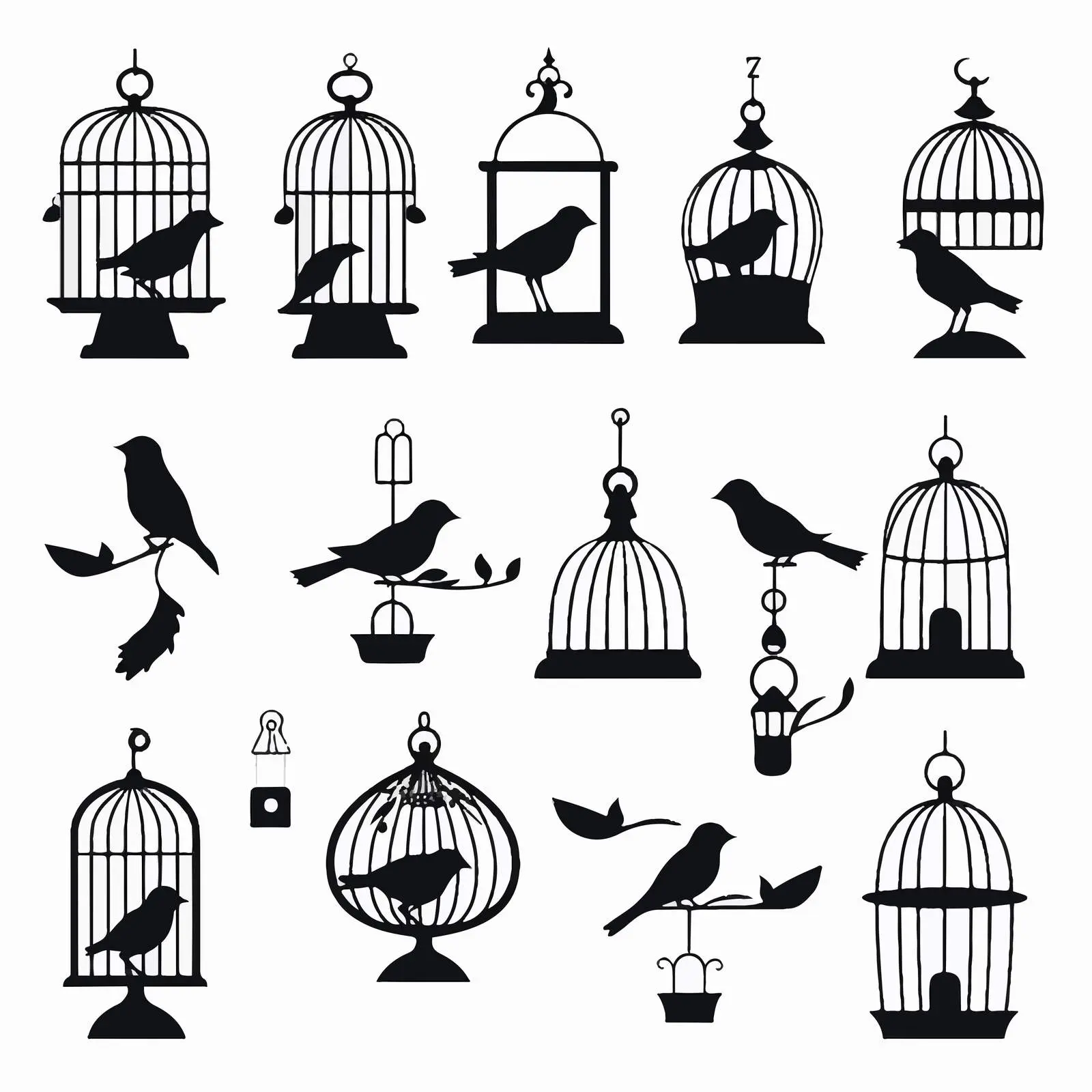 Decorative Birds and Cages Silhouettes Vector Set — free download from Dotvec