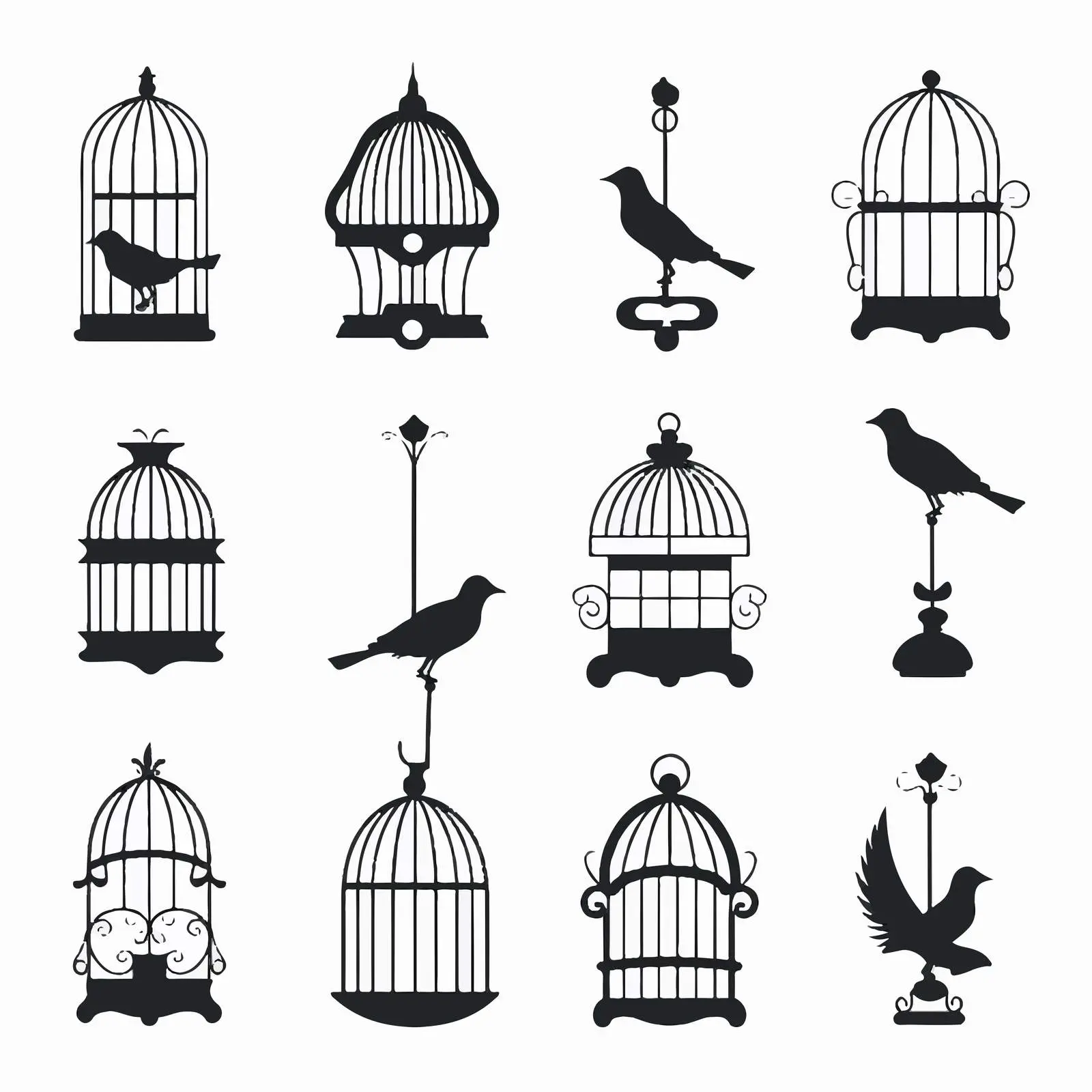 Decorative Bird and Cage Silhouettes Clip Art — free download from Dotvec