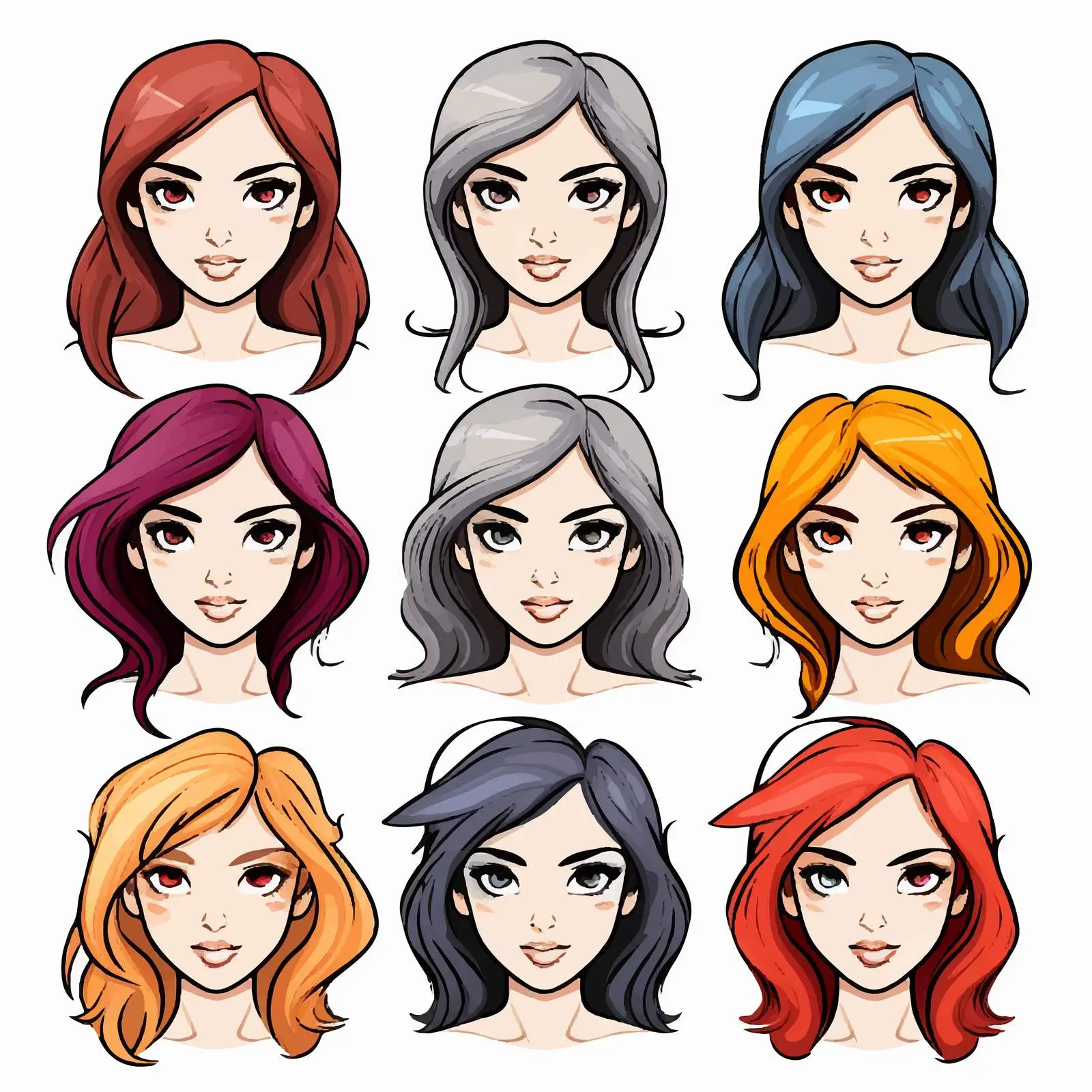 Cartoon Girl Faces in Black and White and Color — free download from Dotvec