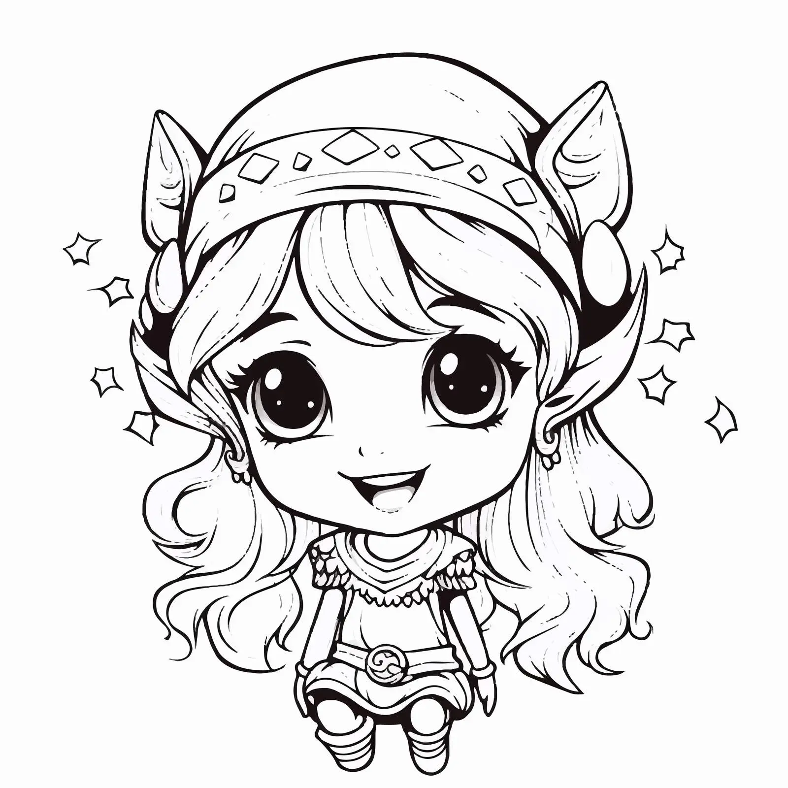 Cute Elf Girl Black and White Line Art Vector — free download from Dotvec