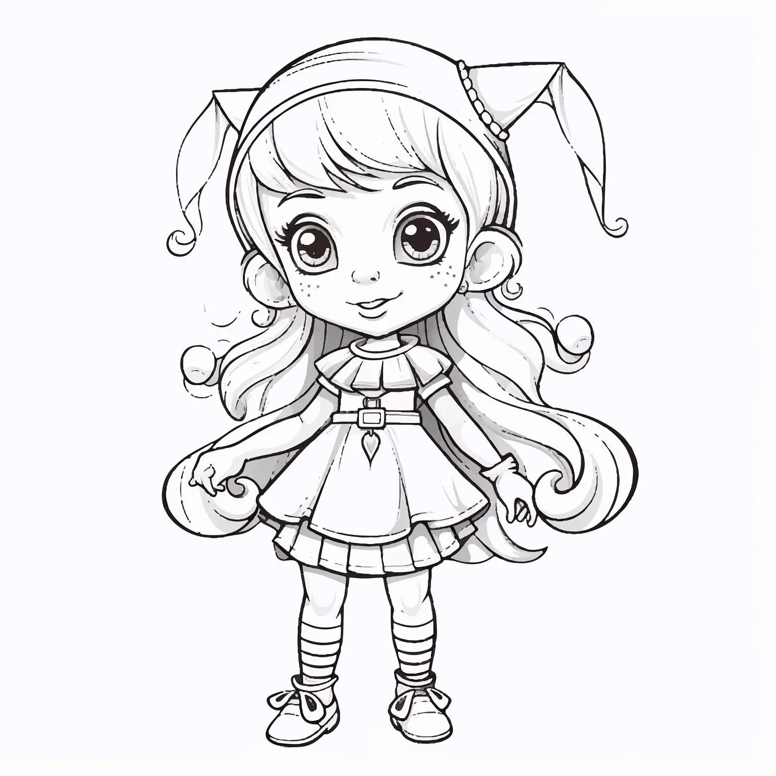 Cute Elf Girl Black and White Line Art — free download from Dotvec