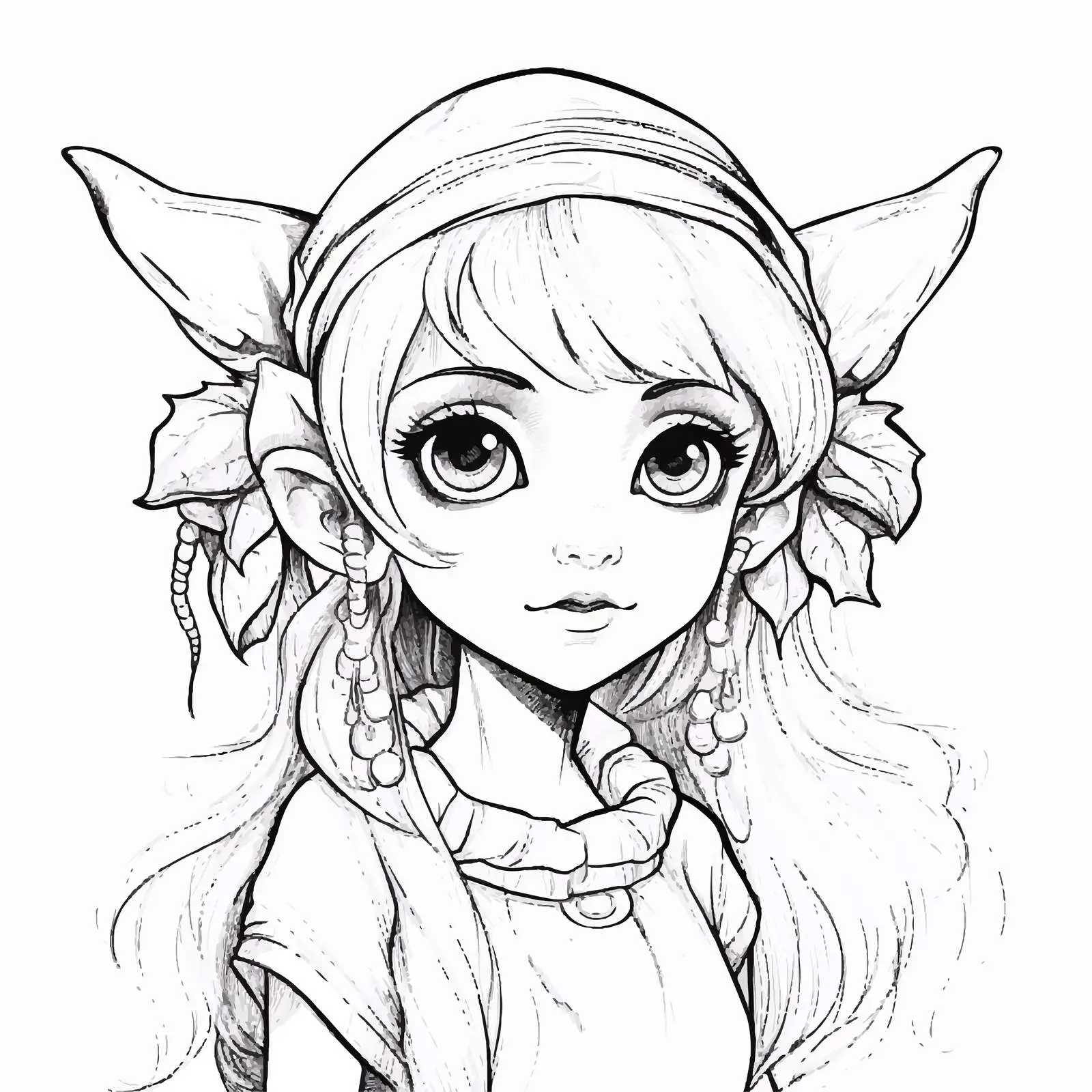 Cute Elf Girl Black and White Line Art — free download from Dotvec