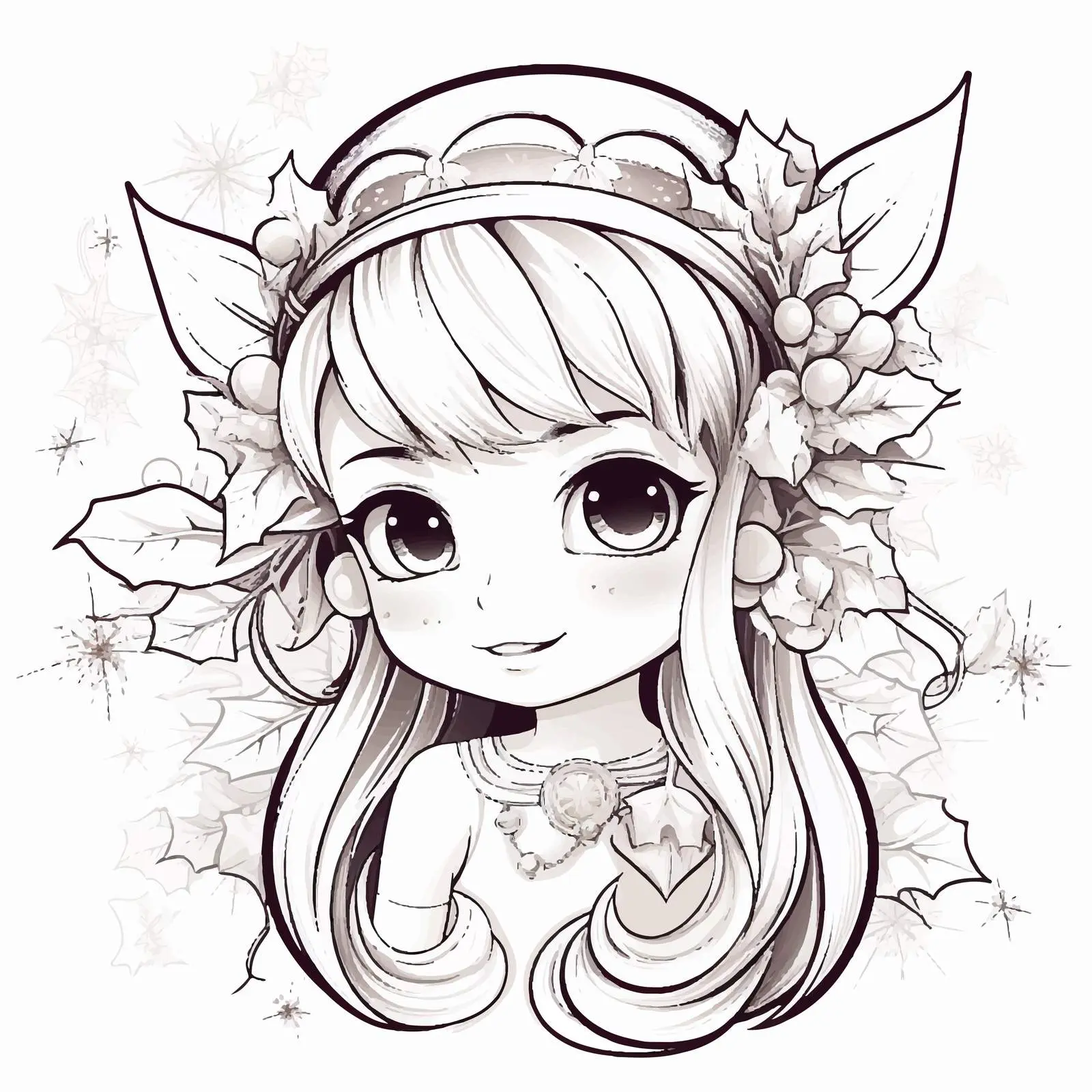Cute Elf Girl Black and White Line Art — free download from Dotvec